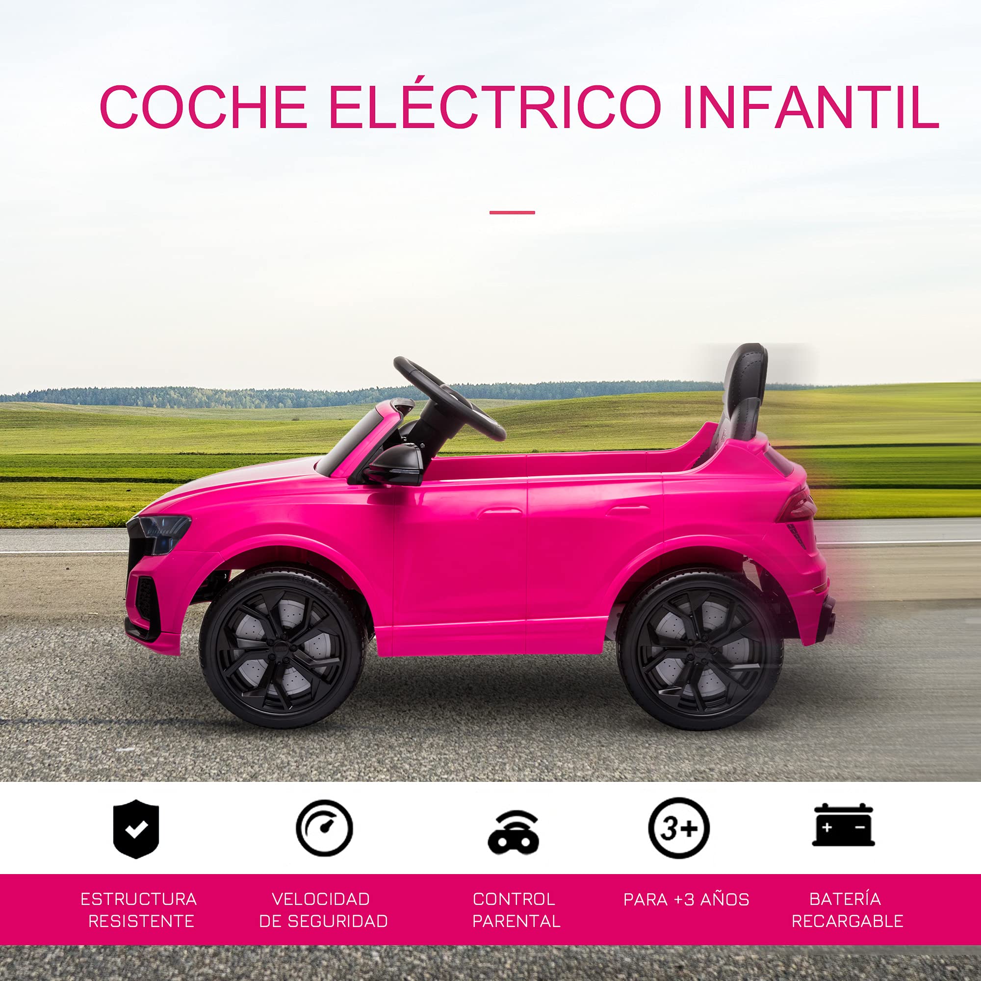 HOMCOM Coche Eléctrico Infantil +3 Años Licencia Audi RS Q8 con Batería 6V 2 Motores Mando a Distancia Música Bocina y Luces Velocidad Máx. 3km/h 101x62x51 cm Rosa