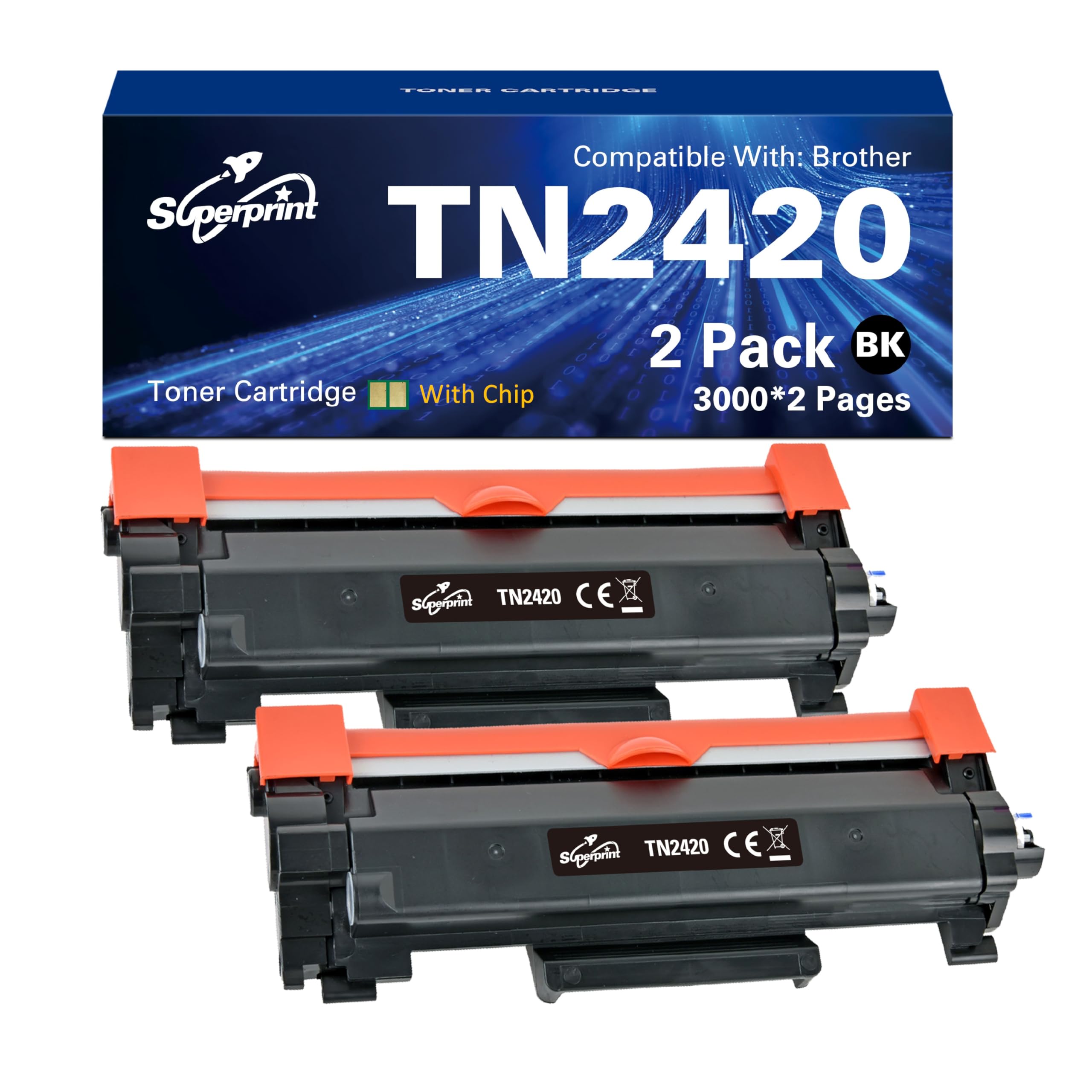 Superprint TN2420 inktcartridge zwart (met chip), compatibel met Brother HL-L2350DN HL-L2370DN DCP-L2510D DCP-L2530DW MFC-L2710DN MFC-L2750DW TN-2420 TN-2410 toner (2 zwart)