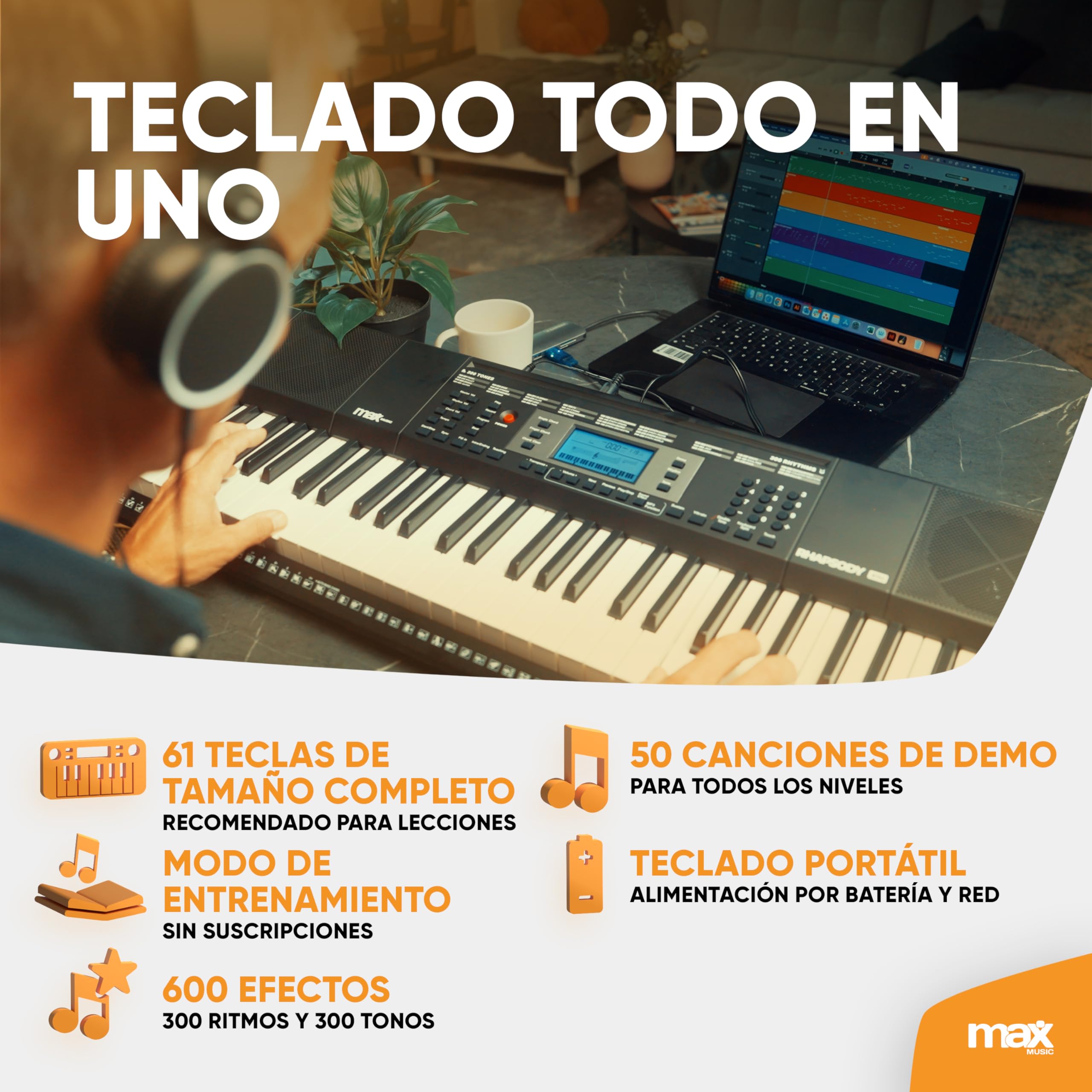 MAX Rhapsody61 Teclado Eléctrico con Auriculares - 61 Teclas, 300 Timbres, 300 Ritmos, 50 Canciones Demo, Enseñanza Inteligente de Música con Teclado, Teclado para Principiantes con Altavoces Duales