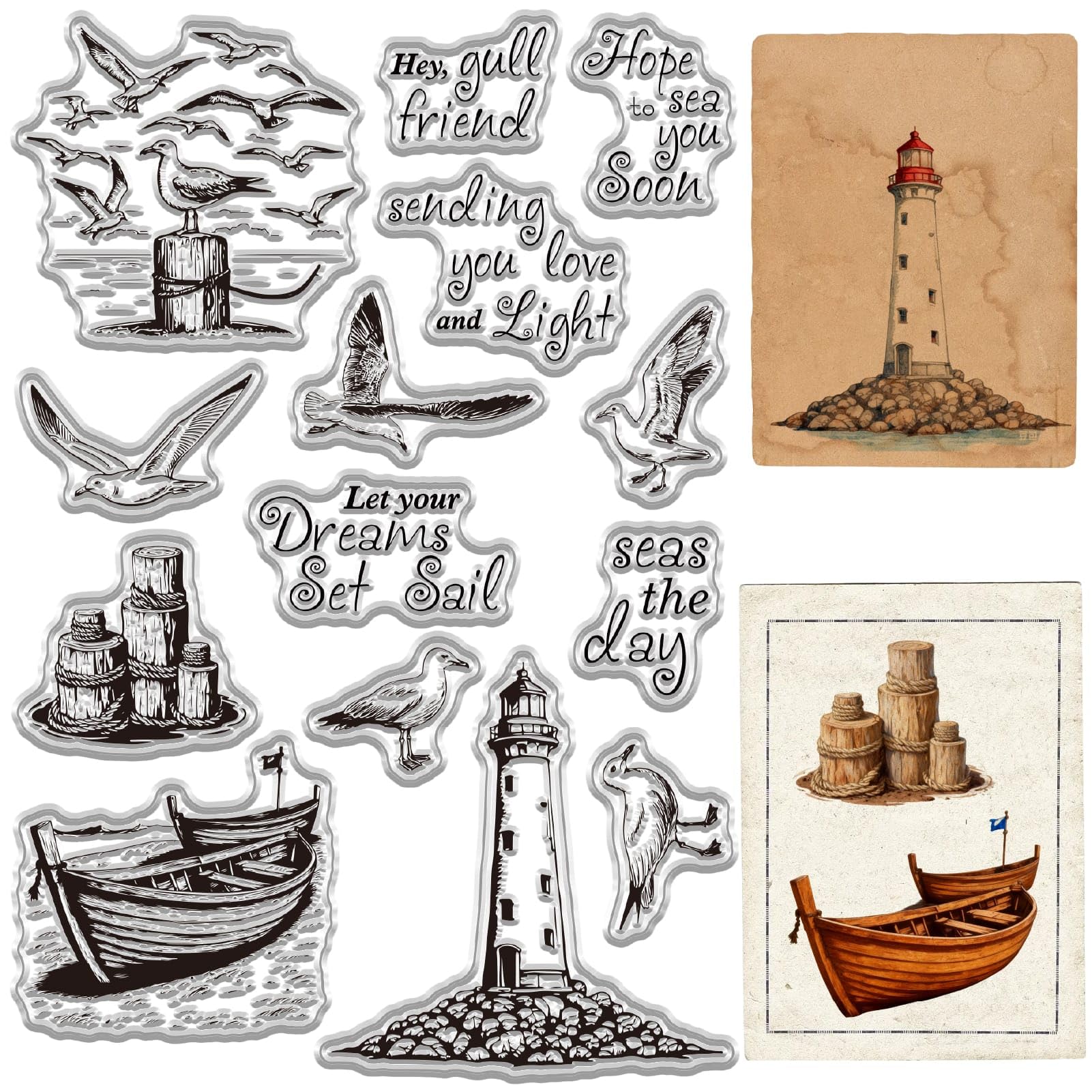 CRASPIRE Sea Scenery Background Clear Rubber Stamp Blessing Sentiment Word Lighthouse Ocean Sailboat Ship Seagull Silicone Transparent Reusable Seals for Journal Card Making Decor DIY Crafting