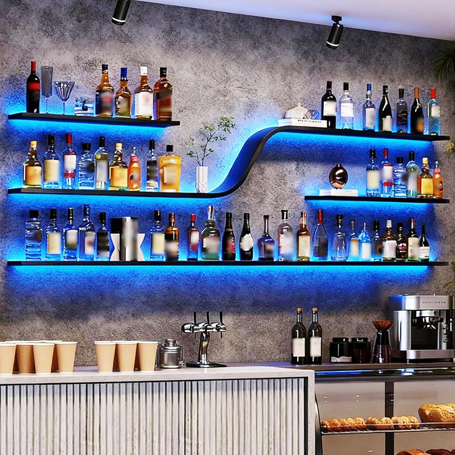 Wall Mounted Wine Rack with LED Lights, Modern Curved Design Floating Bar Shelves, Large Hanging Liquor Display Storage Organizer for Home Bar Coffee Shop Kitchen (Black, 59in/150cm)