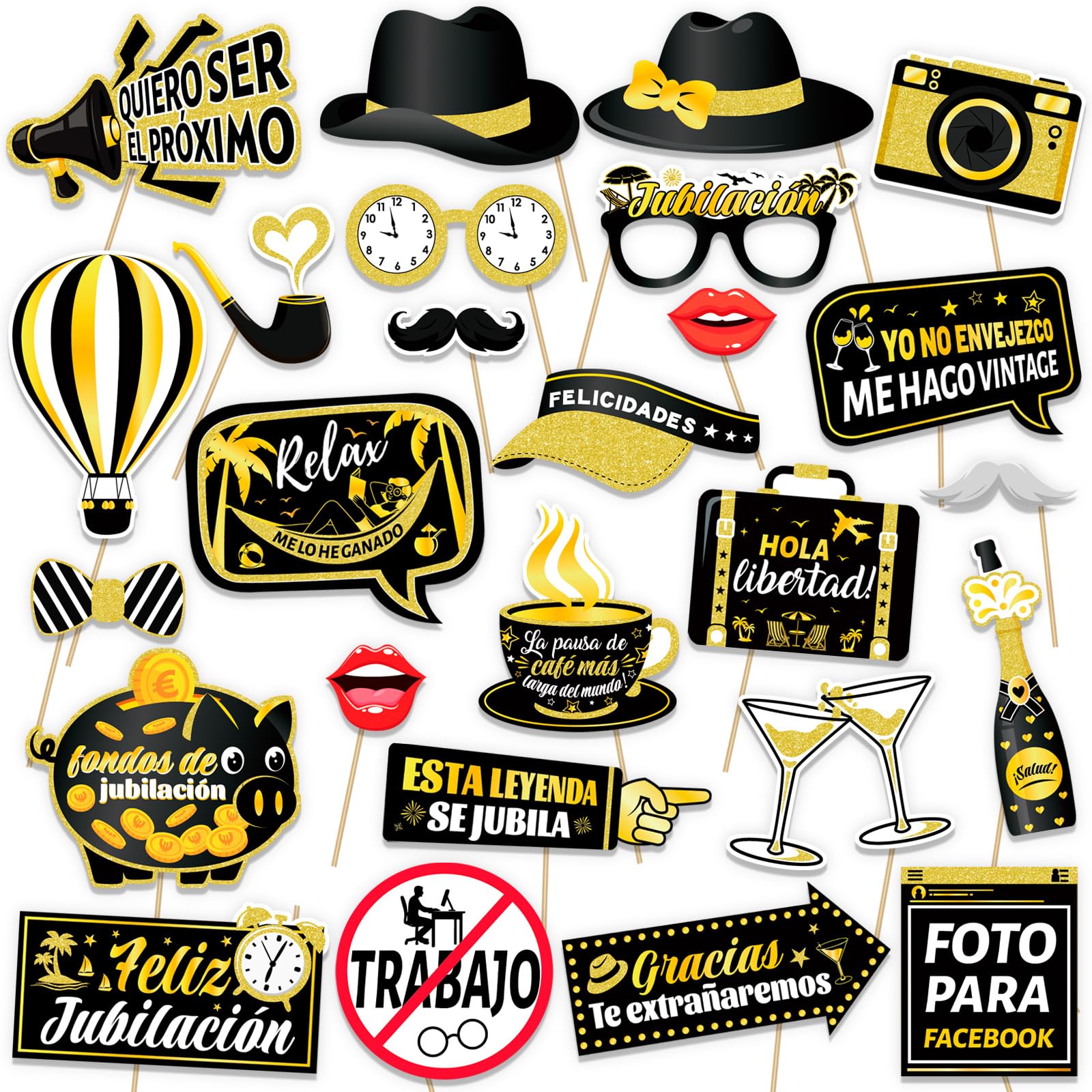 Puntelli per la Cabina Fotografica della Festa di Pensionamento, Puntelli in Oro Nero e Cornice Gonfiabile Gigante per la Festa