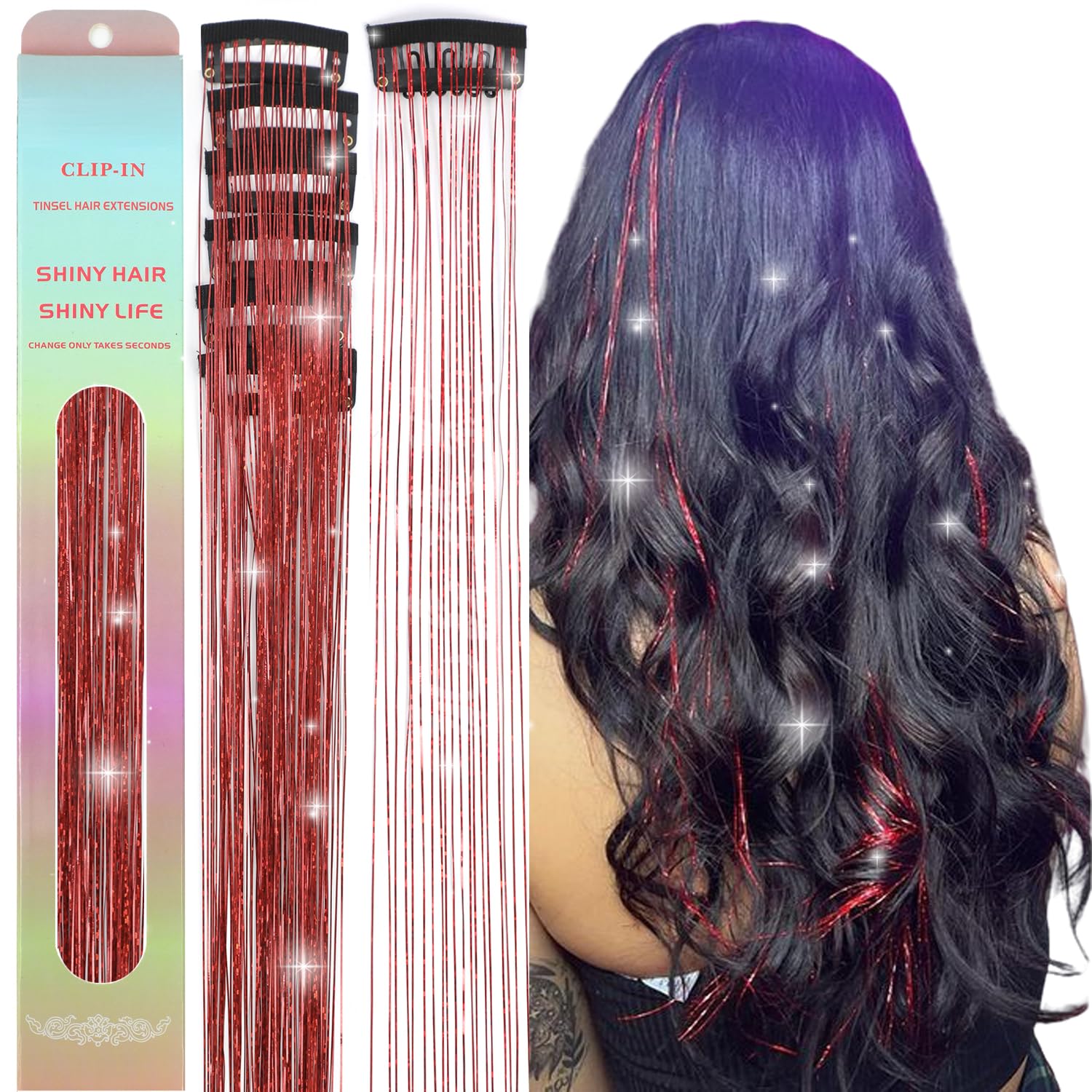Hair Tinsel Clip In 23.6inch Fairy Hair Clip in Hair Tinsel Glitter Hair Extensions Red Hair Tinsel Clips in Hair Extensions Sparkly Hair Accessories for Girls Women 6Pcs Hair Tensile (Red)