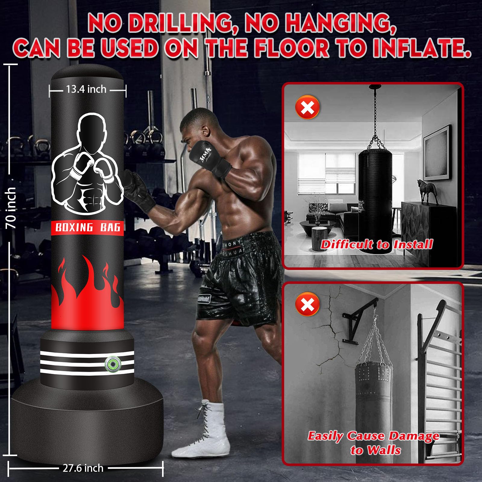 Sac De Frappe Sur Pied Gonflable - 1,45 M, PVC Résistant - Pour Boxe, Fitness, MMA - Remplissage Eau/sable, Intérieur/extérieur
