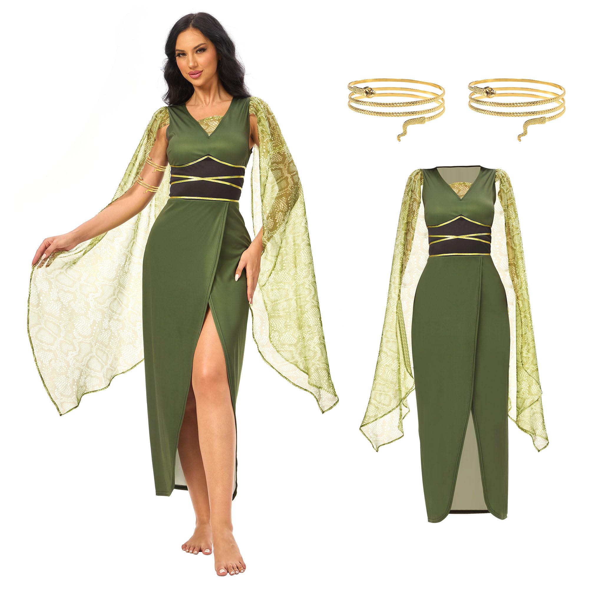 Joyful StartMedusa Costume Adult Women Set, Medusa Costume with 2PCS Snake Armband, Adult Halloween Costumes for Women 2024