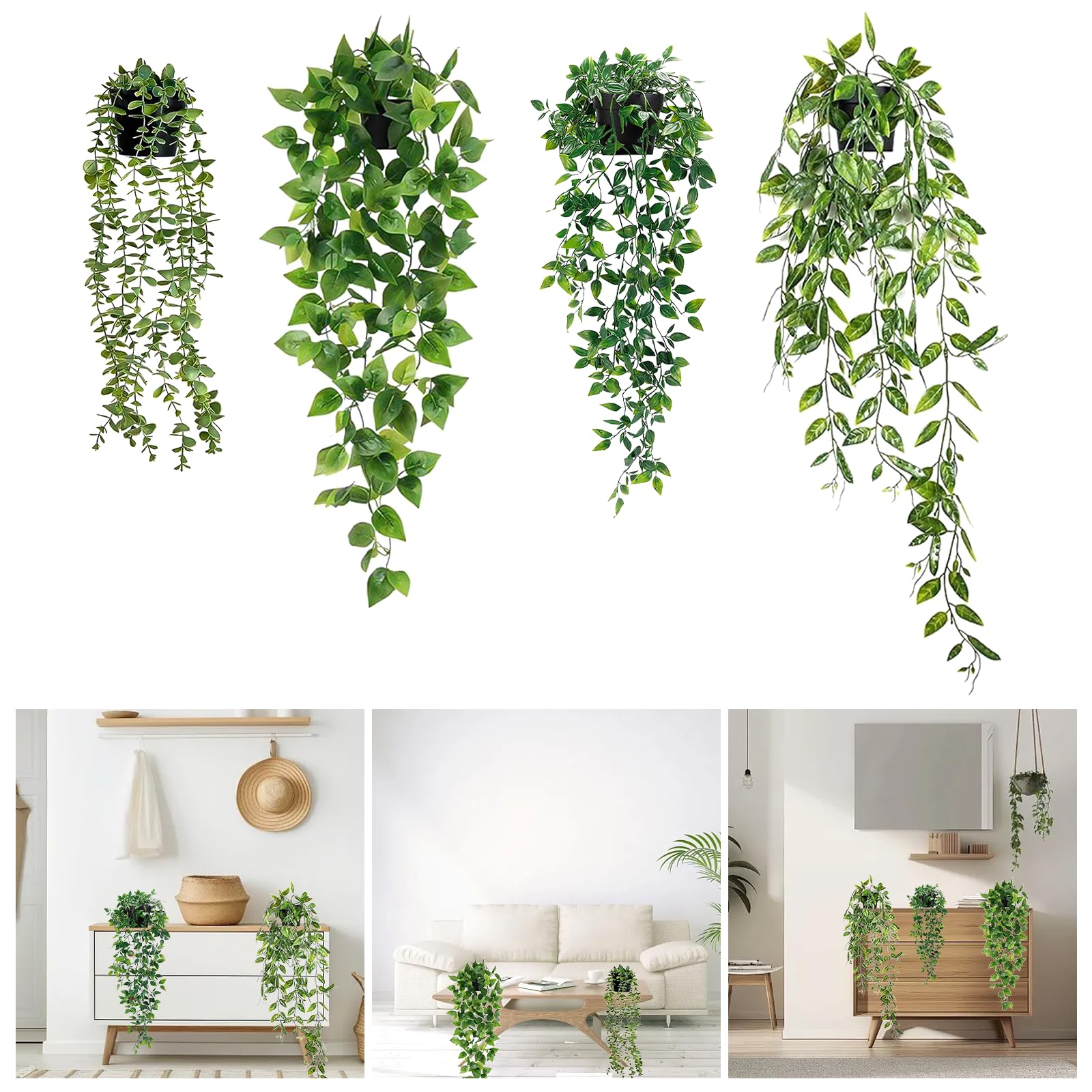 KNGNGK 4 Piezas Planta Artificial Colgante, Plantas Decorativas Pared, Plantas Artificiales Exterior con Maceta, Plantas Artificiales Exterior Colgantes para Decoración Hogar, Sala de Estar, Balcón