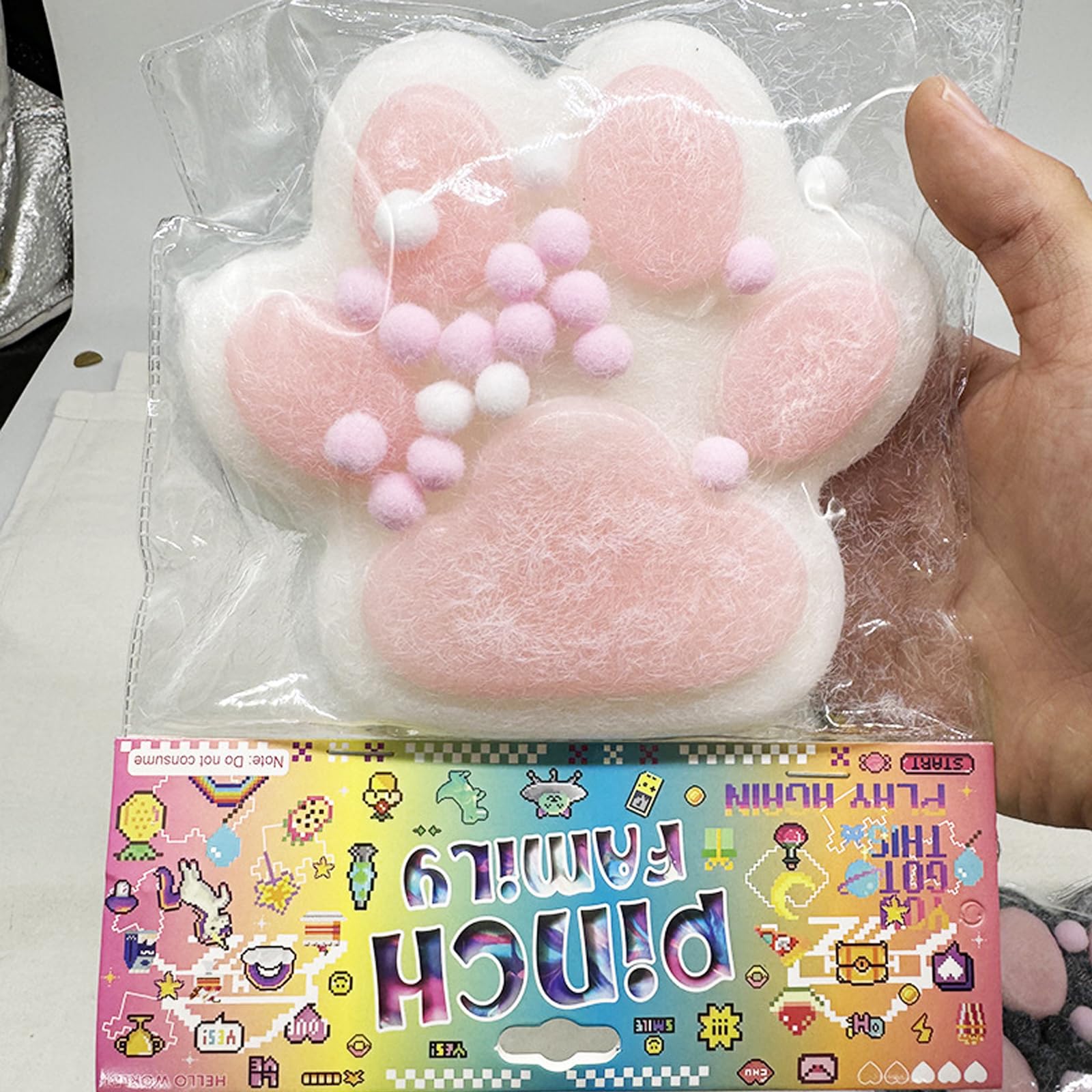 Taba Giant Paw Squishy for Kids Adults, Big Furry Cat Paw Squishy Toys for Stress Relief, Super Soft Squeeze Fidget Toys (White&Pink)