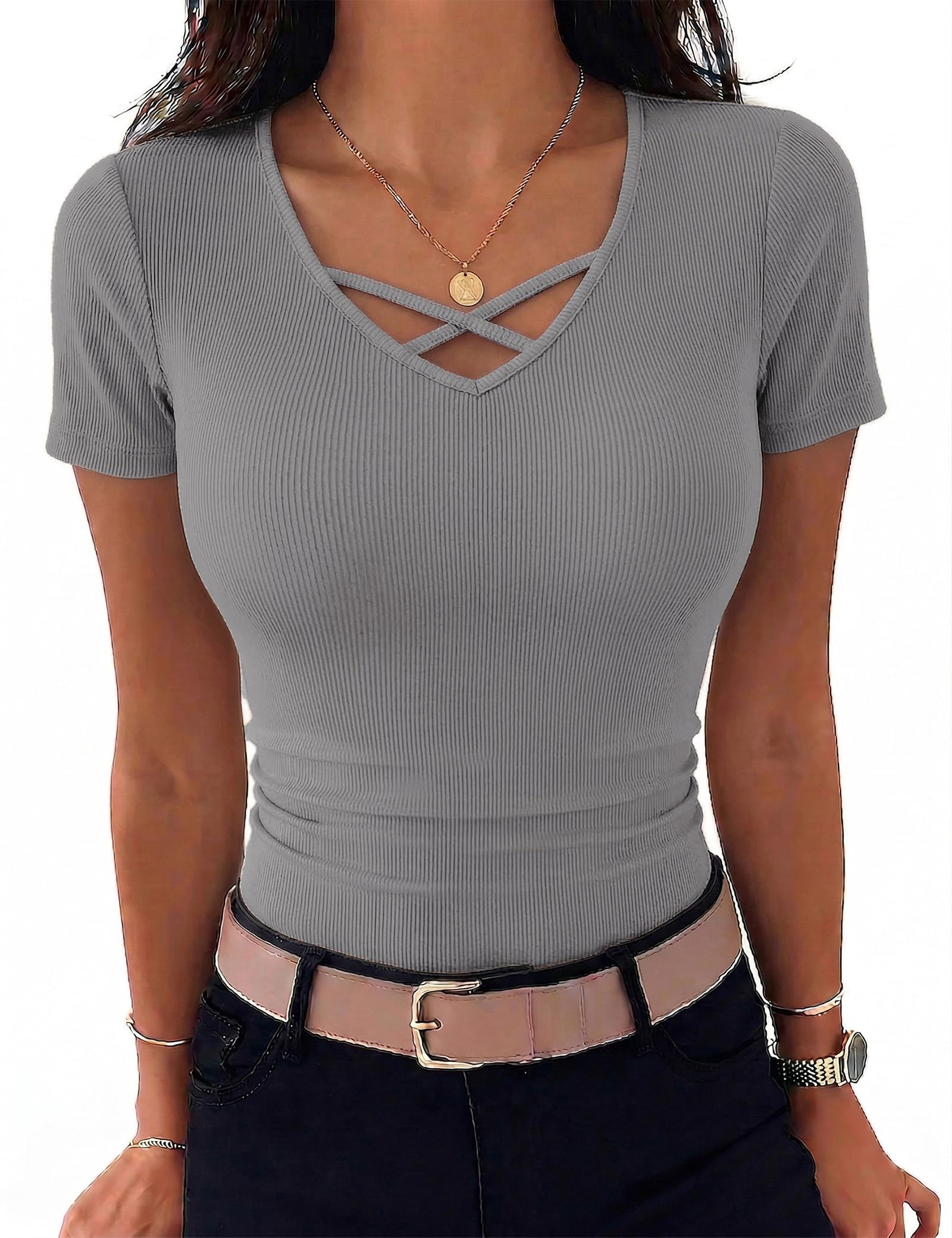 Aottori T-Shirt Damen V-Ausschnitt Kurzarm Slim Fit Sommer Gerippt | Gerippte Oberfläche; V-Ausschnitt mit kurzen Ärmeln; kombinierbar mit Jeans, Röcken oder Shorts; für Sommer und warme Tage