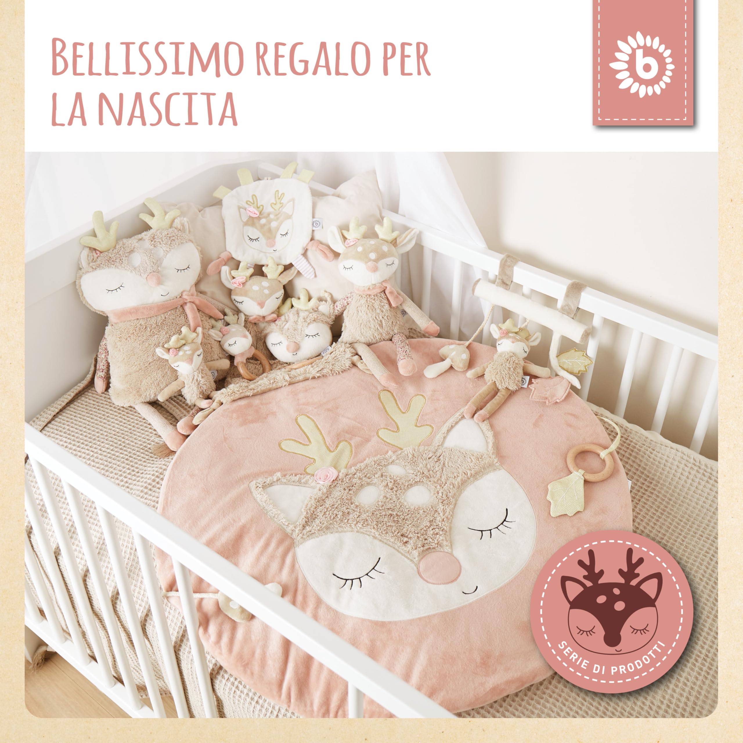 Bieco Sonaglio ad anello per neonati | Cervo Ø 10 cm | Lunghezza 17 cm | Sonaglio giocattolo con anello in legno | Giocattoli sensoriali | Giocattoli per bambini 0-6 mesi | Sonaglio in tessuto |