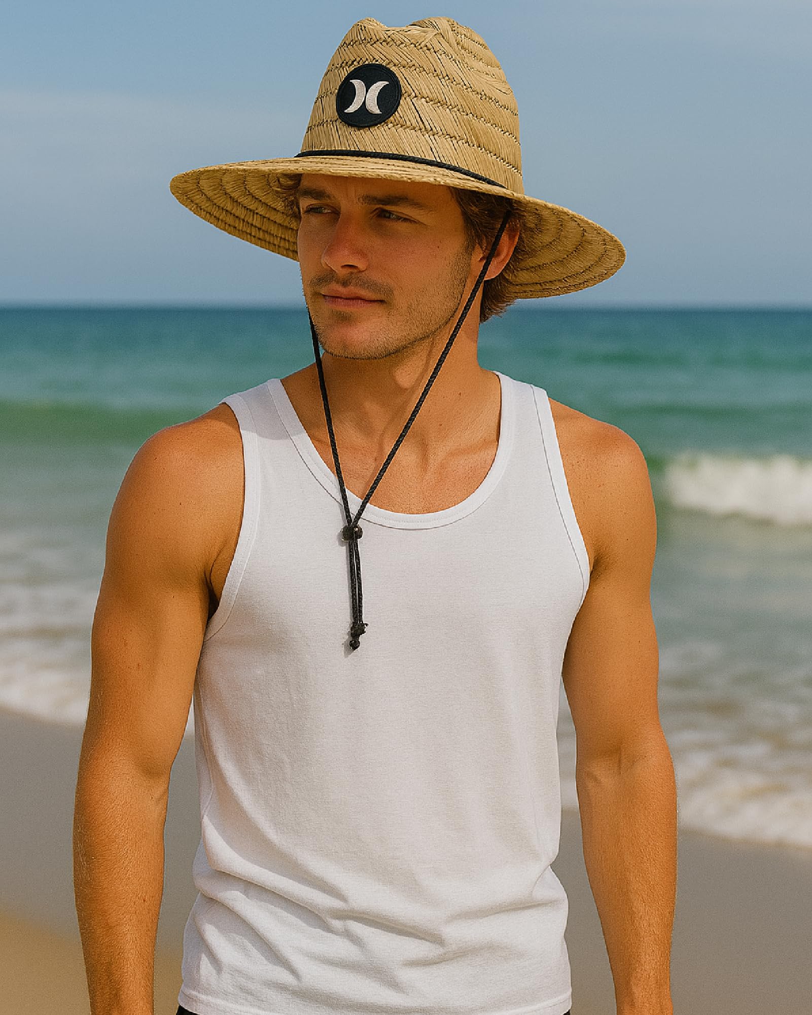 Hurley Men's Straw Hat - Weekender Medium Brim Natural Straw Sun Hat with Chin Strap, Khaki