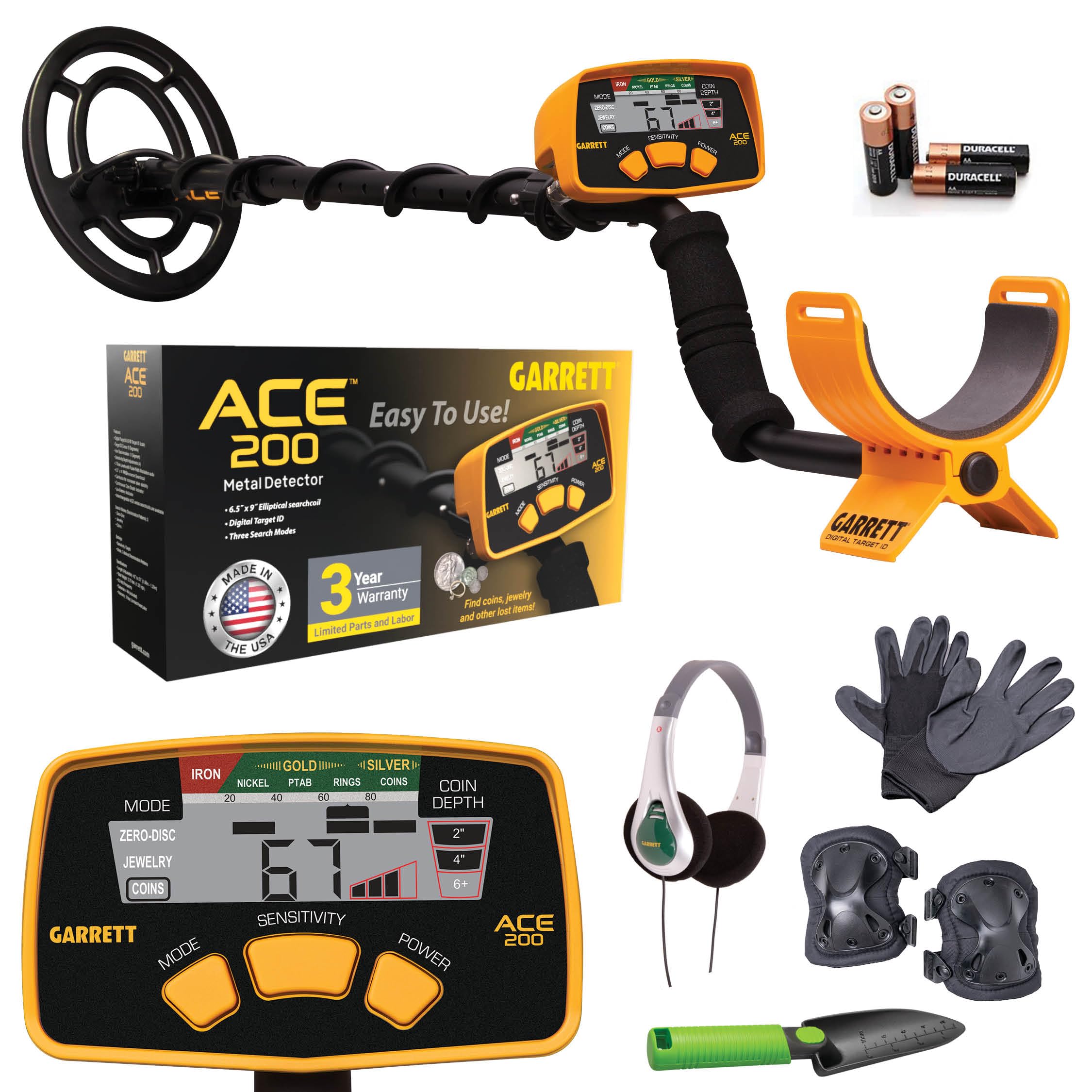 Garrett ACE 200 Metal Detector Starter Bundle - Made in The USA – Complete Treasure Hunting Kit with Headphones, Gloves, Knee Pads & Shovel