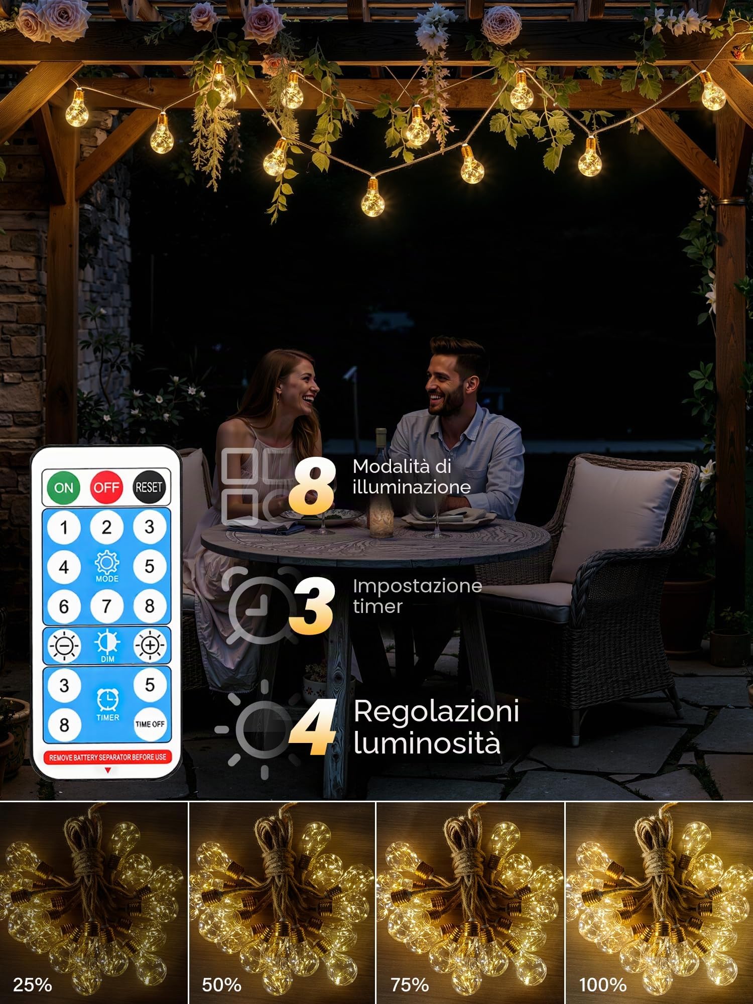 Ollny - Ghirlanda luminosa solare per esterni, 24 lampadine 12M, ghirlanda resistente alle intemperie, 8 modalità, timer, dimmerabile, USB, per giardino, balcone, terrazza, matrimonio, festa vintage