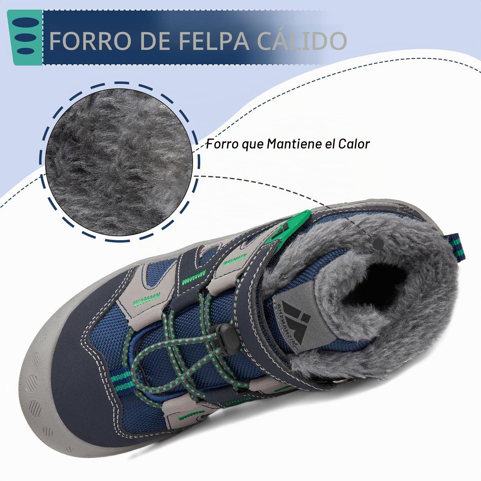 Mishansha Botas de Nieve Niño Botas Antideslizantes, Azuloscuro 26 | Forro cálido, cierre de autollenado, puntera reforzada, suela con dibujo, colegio, paseos, nieve