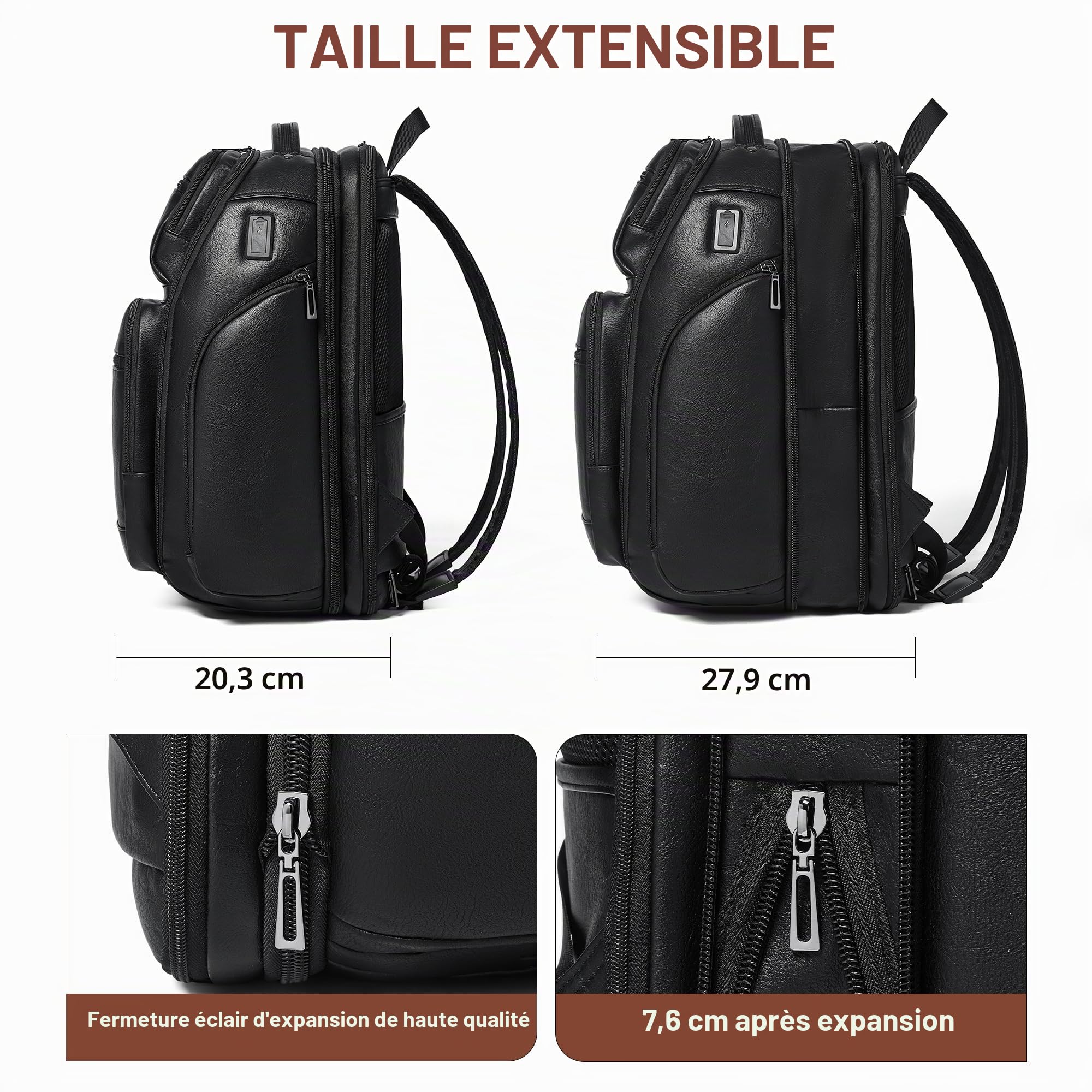 Sac à Dos en Cuir Végan Homme et Femme, 40L Extensible, Bagage Cabine pour Ordinateur 17 Pouces avec Port USB et Sangle Valise, Design Élégant, Black