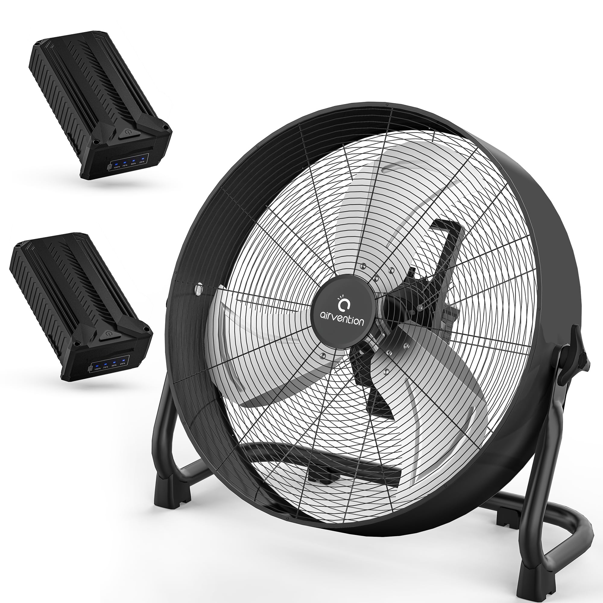15600mAh Rechargeable Battery Operated Drum Fan,16 inch Black Industrial High Velocity Floor Fan, Camping Fan with 2 Pack Battery