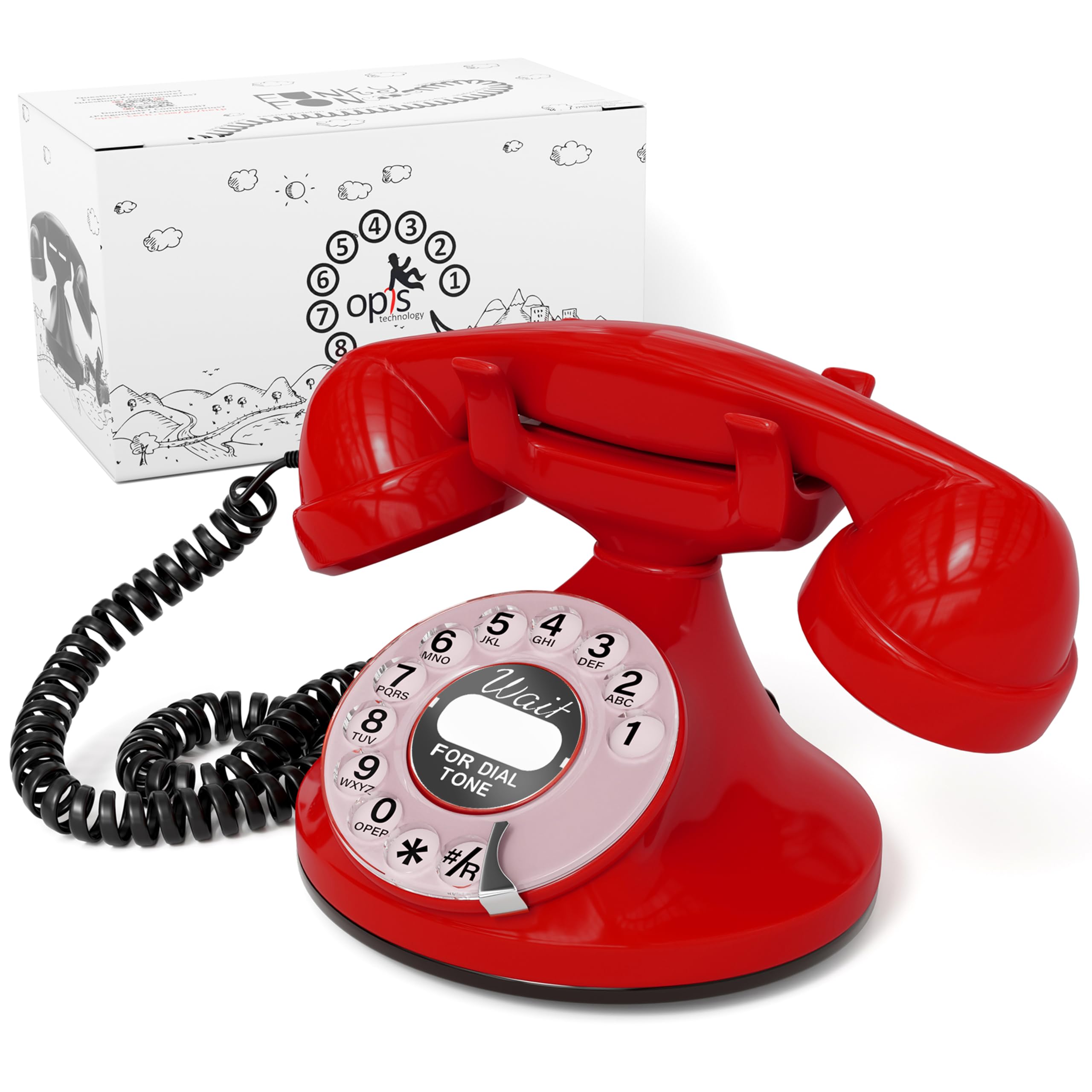 Opis Technology Retro Phone Red - Corded Landline Telephone with Rotary Dial