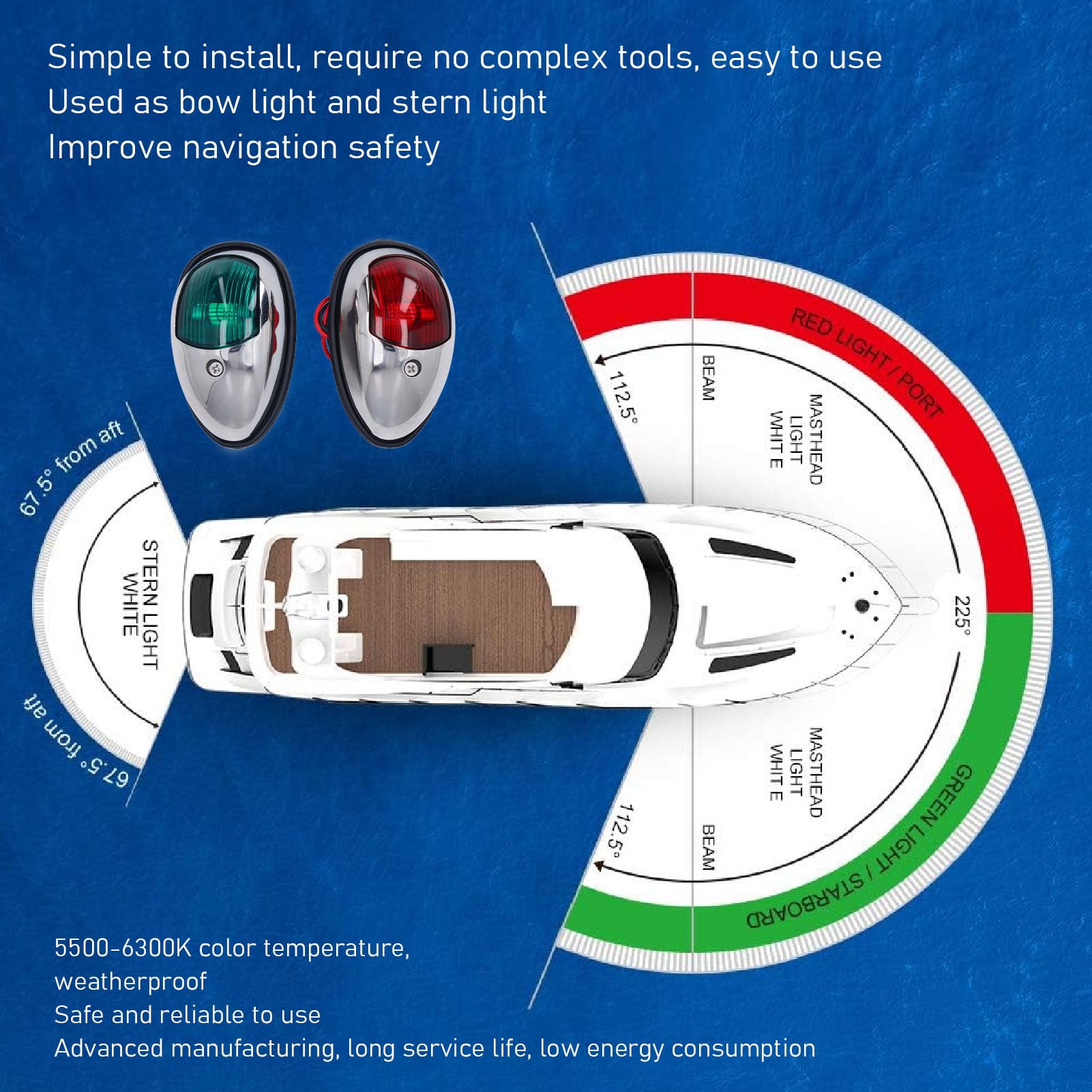Alomejor Boat Navigation Lights, 1.2W SS316 Stainless Steel | IP67 impermeabile, angolo del fascio di 112,5°, basso consumo energetico