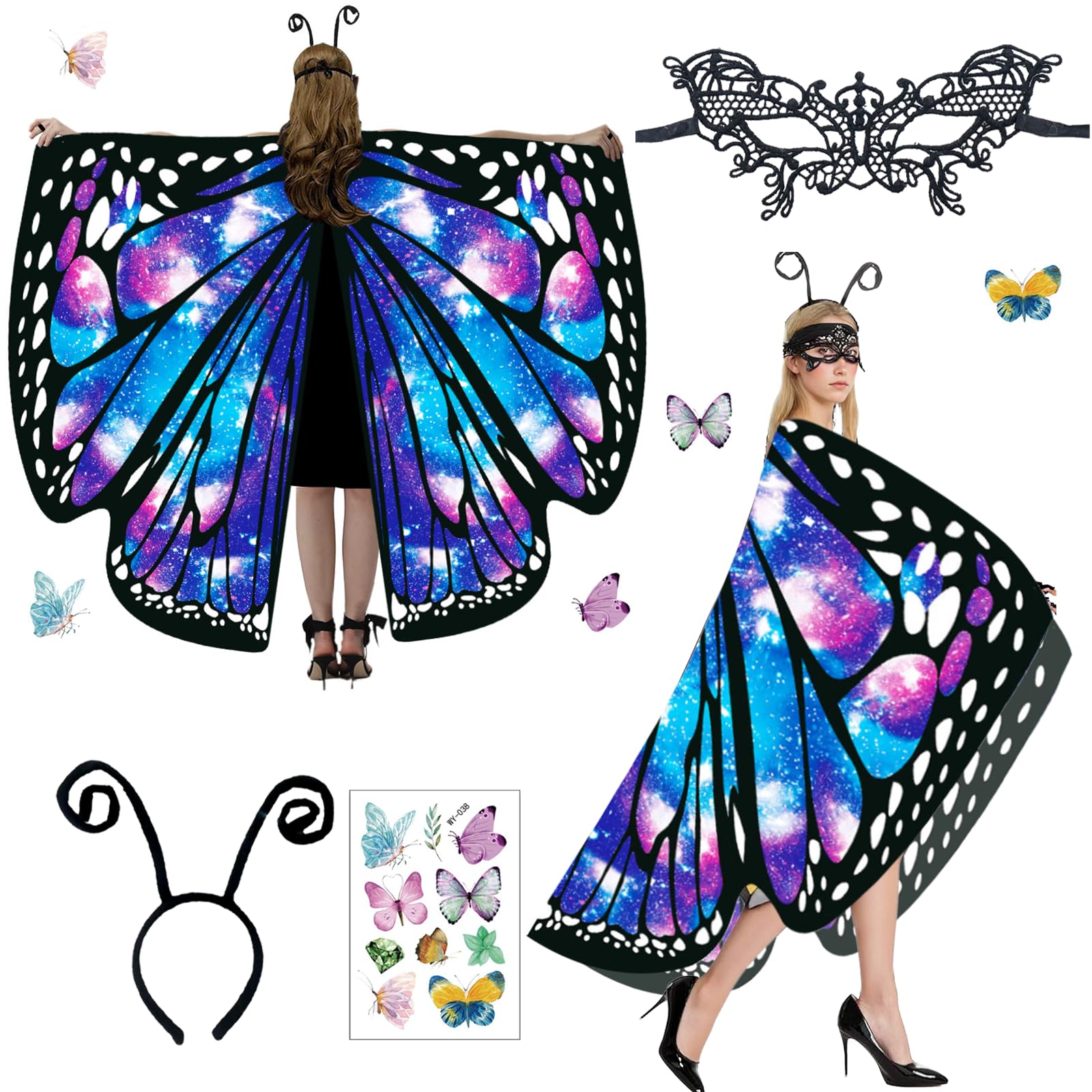 Butterfly Costume for Women, 4 PCS Butterfly Costume for Adults with Cape Headband Lace Mask Butterfly Stickers Butterfly Costume for World Book Day Carnival Mardi Gras Cosplay (Colourful Blue 2)