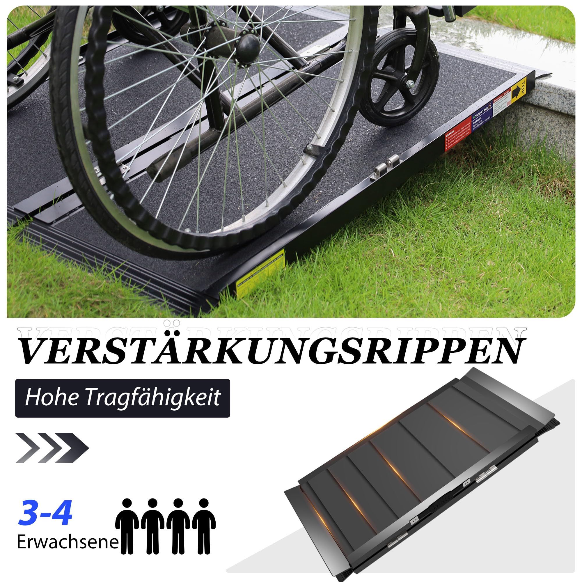 Tragbare Rollstuhlrampe mit Schnellverriegelung, rutschfeste Aluminiumkonstruktion für Türöffnungen und Hausstufen, maximale Belastung 363 kg, stabil, Größe: 2 Fuß (0,6 m)