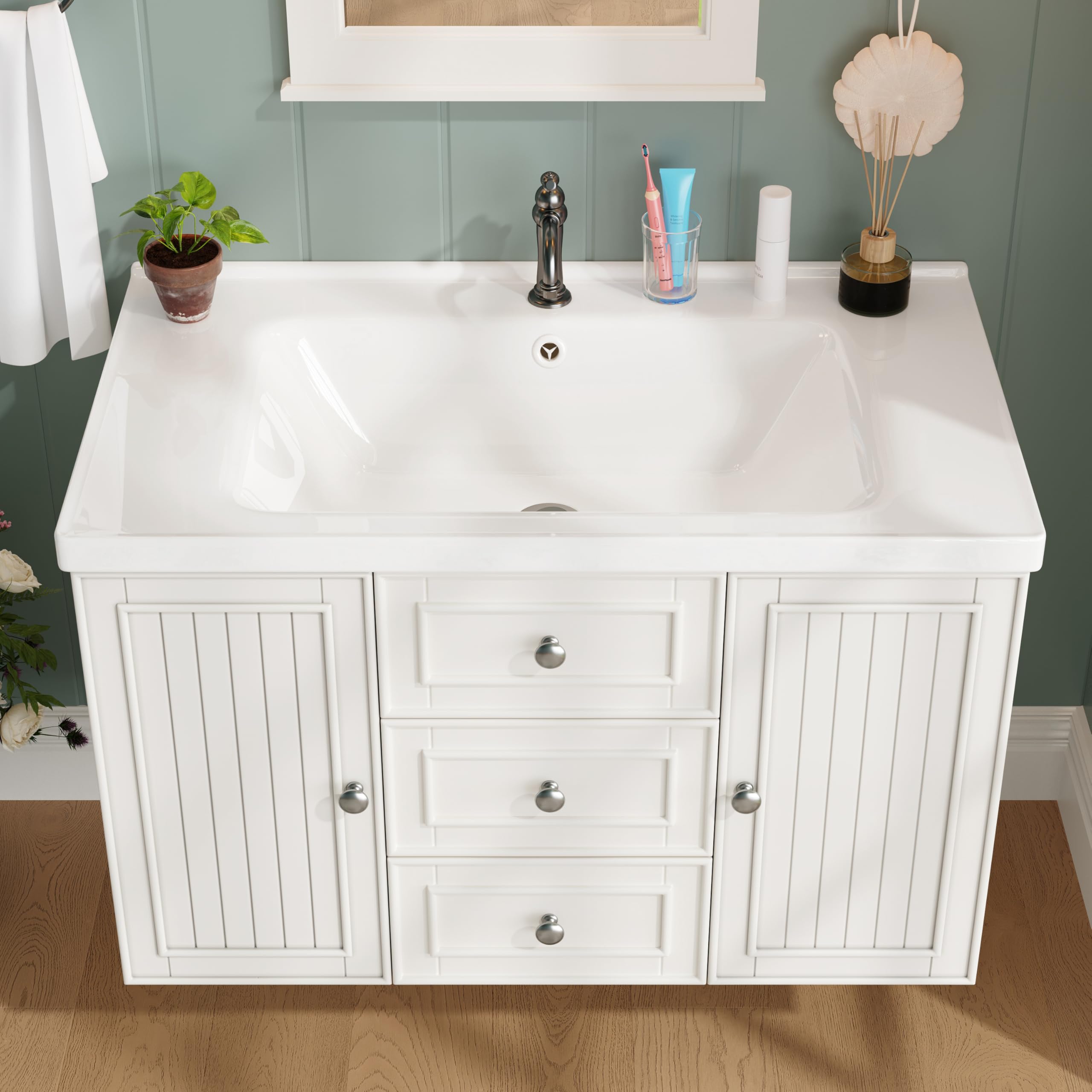 Merax Mueble bajo lavabo, armario bajo, mueble de baño, armario bajo lavabo con 4 cajones y 1 puerta, lavabo colgante, estilo moderno, conjunto de muebles de baño, con lavabo, color blanco