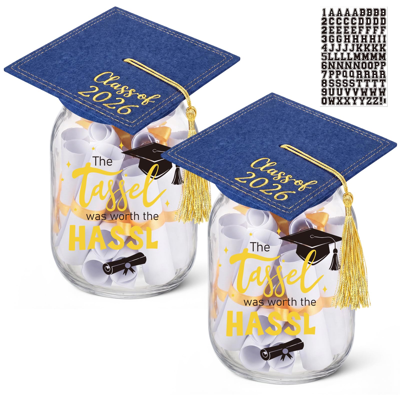 Photo 1 of Gandeer 2 Sets 2026 Graduation Gifts Personalized Name Graduation Glass Mason Jar with Grad Cap DIY Money Box Holder Centerpiece Congrats Grad Party Supplies for College High School(Navy Blue)