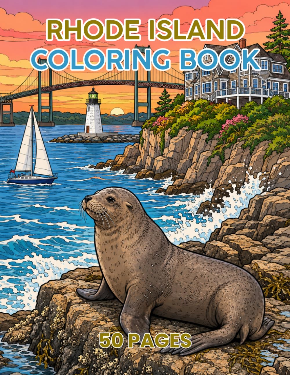Rhode Island Coloring Book 50 Pages Single Sided: Landscapes, Landmarks, Sceneries