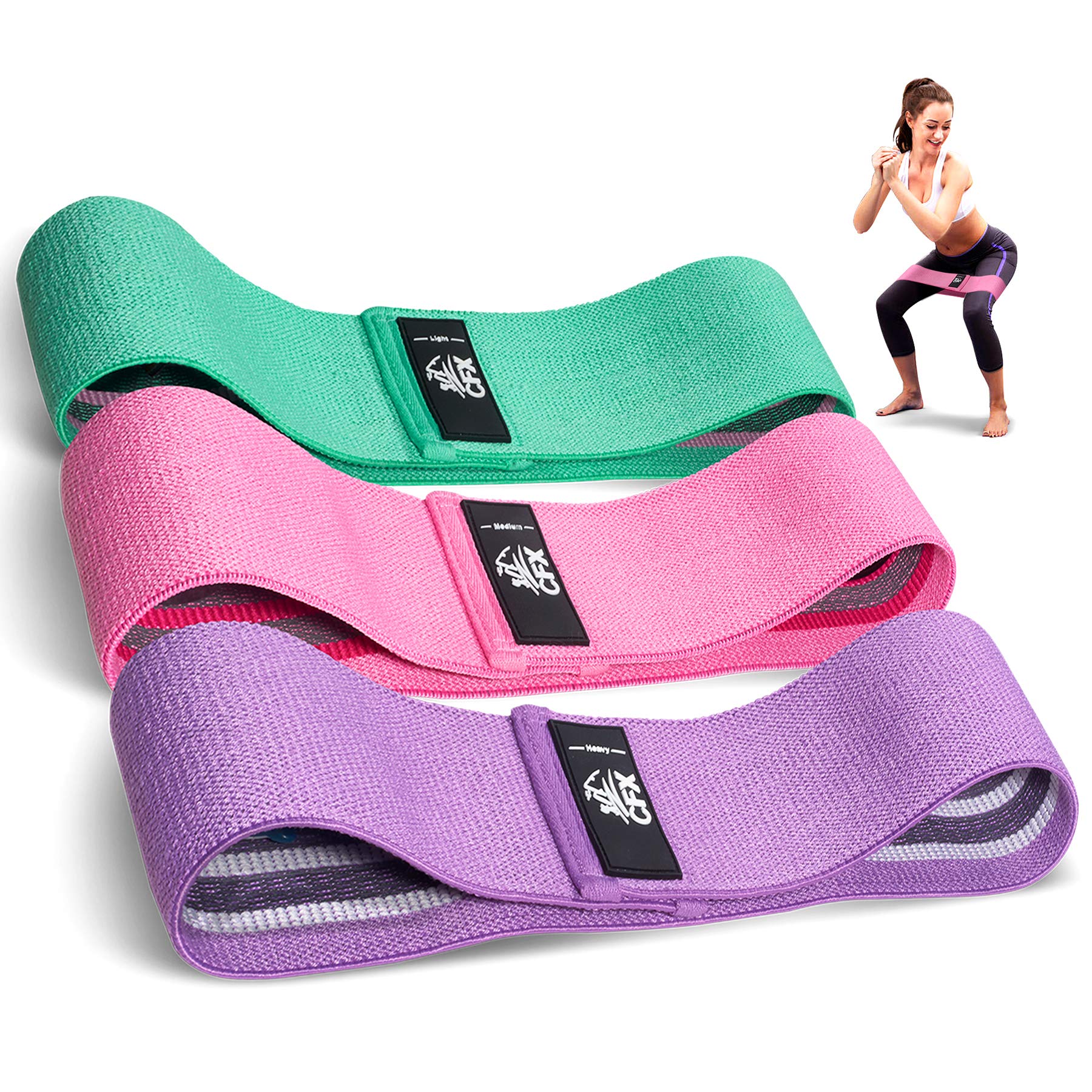 CFX Resistance Bands Set, Exercise Bands with Non-Slip Design for HIPS & Glutes, 3 Levels Workout Bands for Women and Men, Booty Bands for Home Fitness, Yoga, Pilates