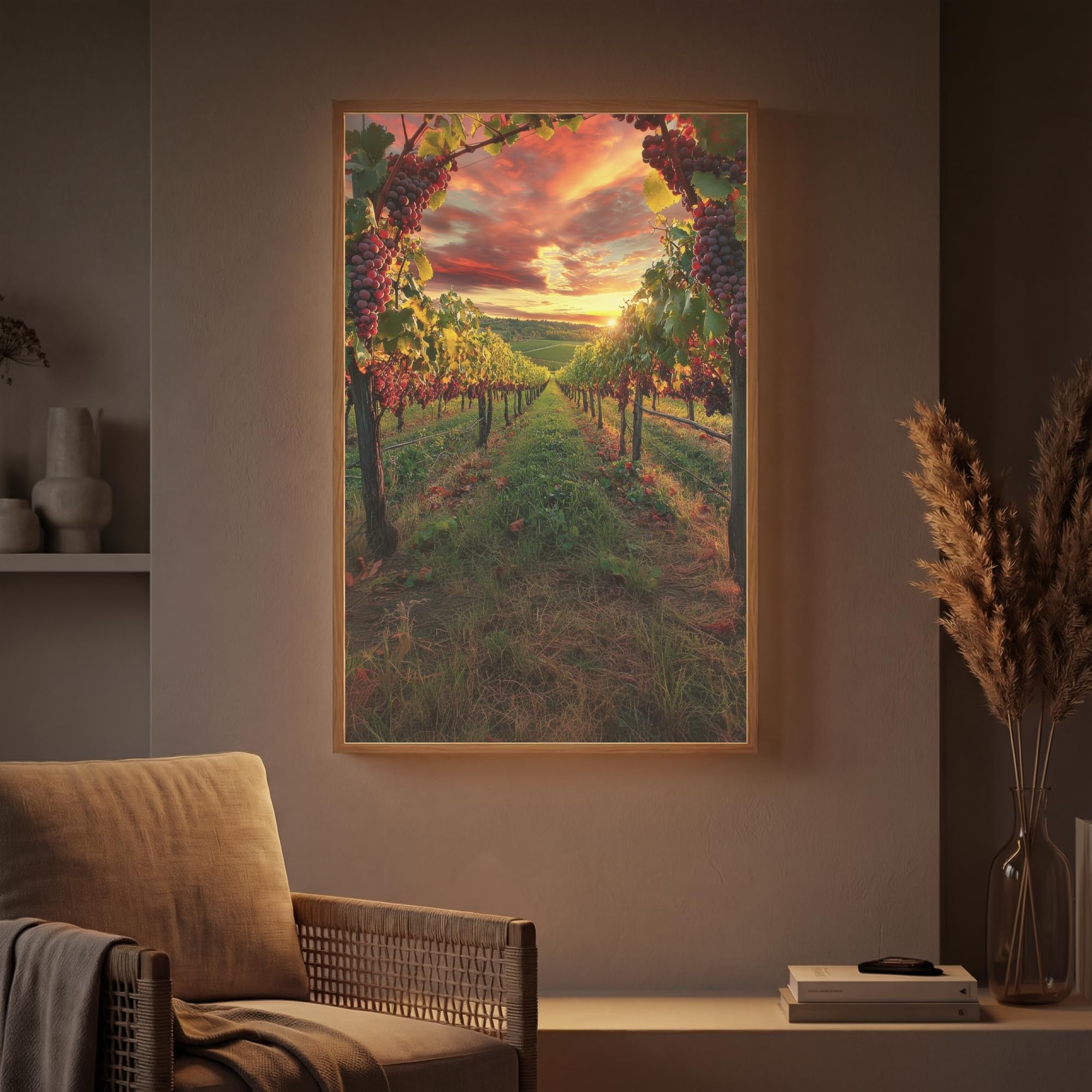 LED Lampe Wand Innen 60x90 cm Aufladbar Wall Light Wandlicht Wohnzimmer Wandlampe Dimmbar Wandlampen Wandlichter Schlafzimmer Beleuchtung Leuchte Weinberg - Weintrauben - Sonnenuntergang