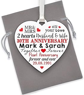 PERSONALISED 30th Wedding Anniversary Gifts for Husband, Wife, Couples, Mum, Dad - Printed Wooden Heart for Pearl Wedding Anniversary - 1st, 2nd, 5th, 10th, 25th, 30th, 40th, 50th - With Grey Bag
