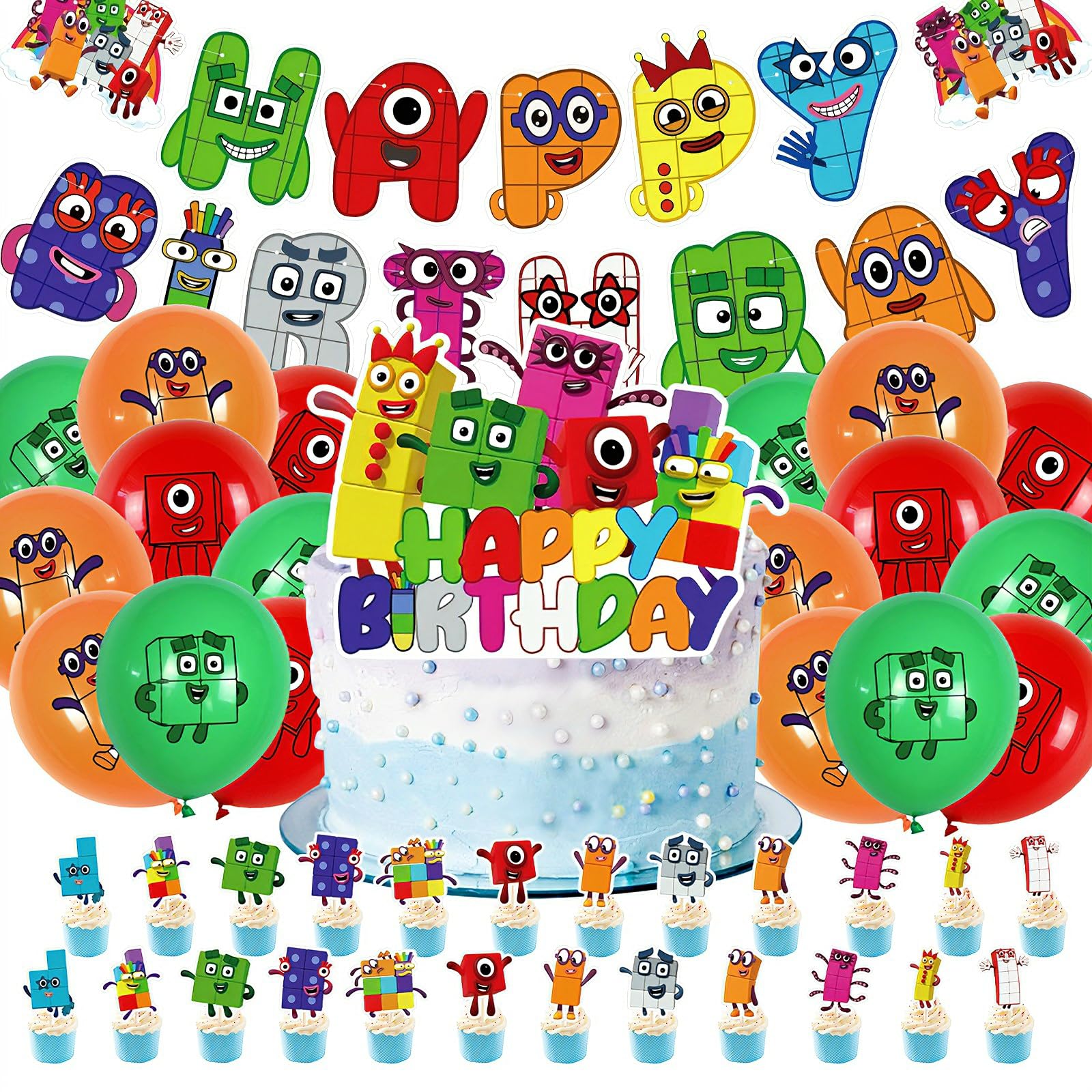 46PCS Cartoon Birthday Party Decorations, Party Supplies Include Birthday Banner Cupcake Toppers Latex Balloons Cake Topper Kids Boys Girls
