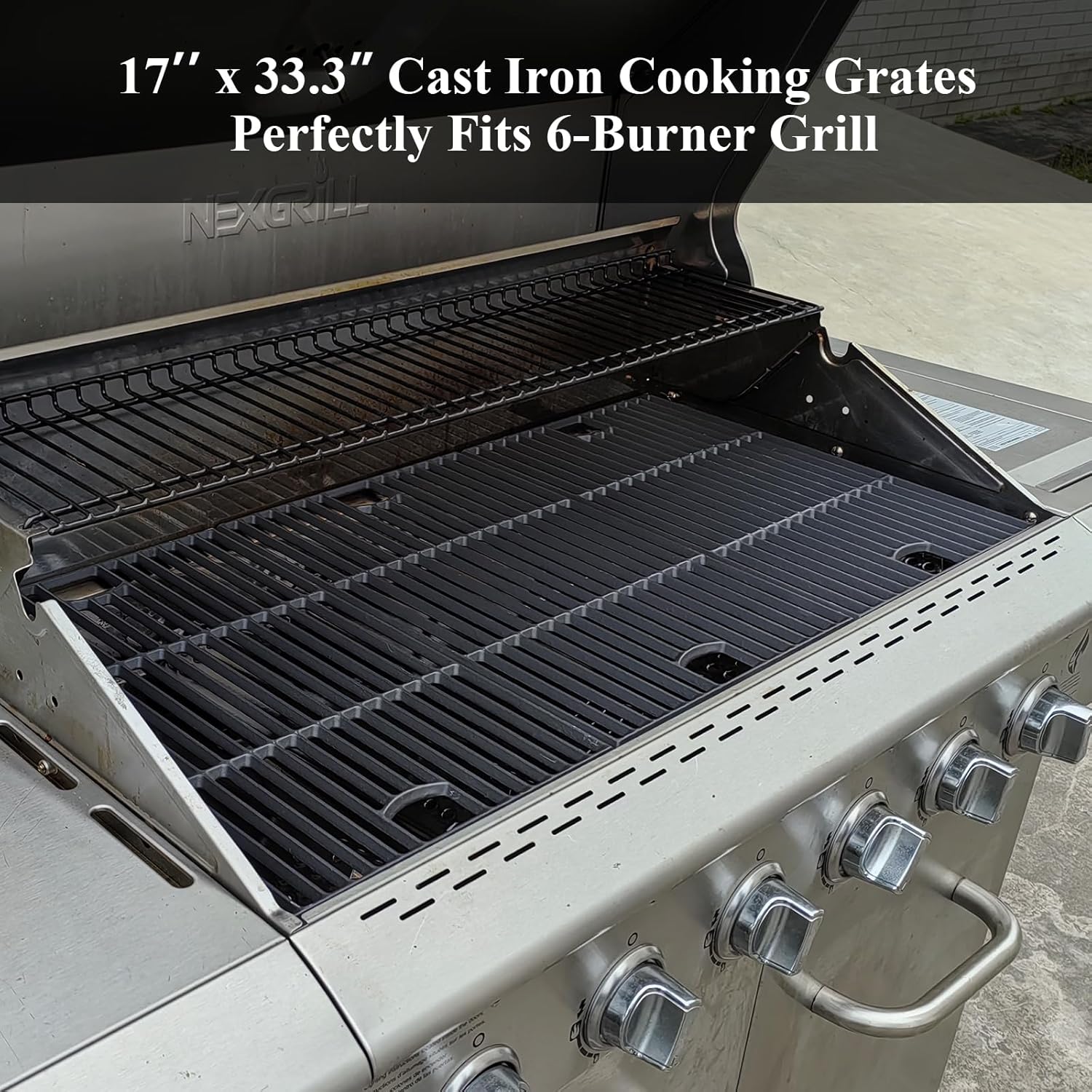 Hisencn Grill Parts for Nexgrill 6 Burner 720-0896X, 720-0898, 720-0898A, 730-0898, 730-0898A Gas Grill Models, Porcelain Steel Heat Plate Flame Tamer, Cast Iron Grill Grates, 17" x 33 3/8"