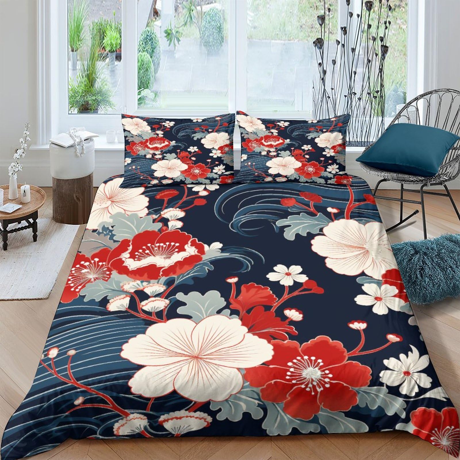 Housse De Couette Fleur King 220x240cm, Microfibre Imprimé 3D Japonais, Fermeture Éclair Sets Femmes Hommes