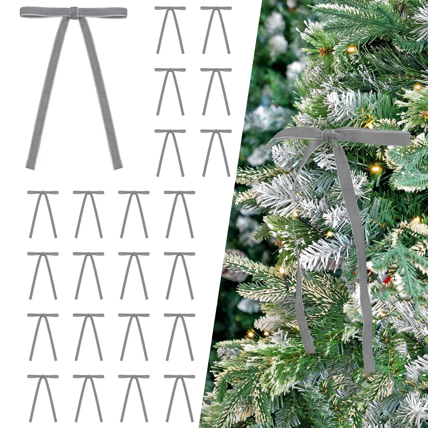 24 Pcs Gray Velvet Bows Ornaments for Christmas Tree, Vintage Rustic Elegant Velvet Christmas Bows Tree Decorations, Indoor Home Decor for Wreath Mantle Gift Wrap Holiday Decor, 3/8'' W, 5 * 7 inch
