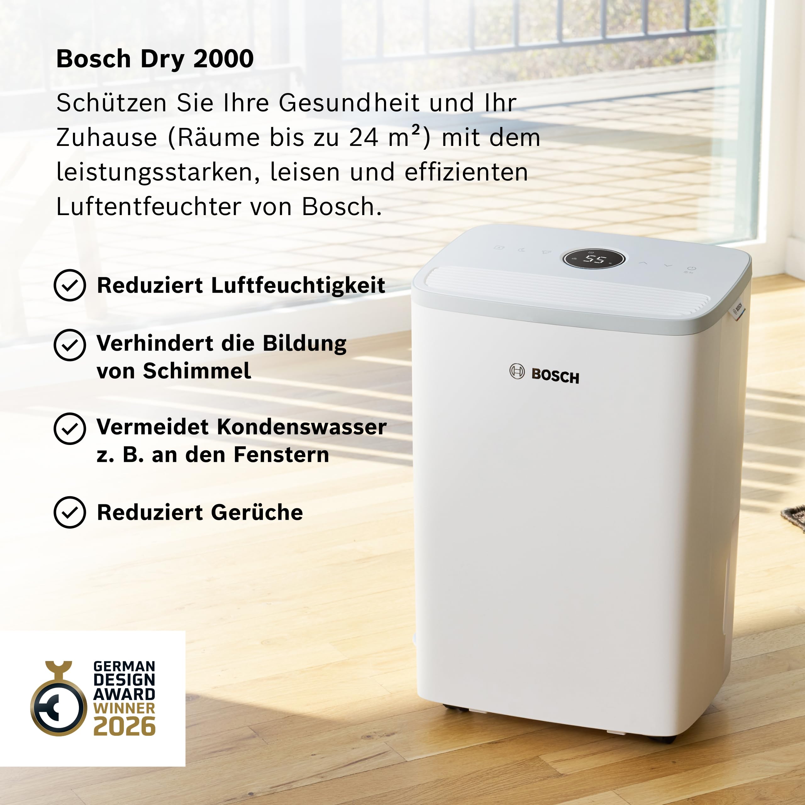 Bosch Dry 2000 Luftentfeuchter - Einfach. Effizient. Leise. - Für Räume bis zu 24 m² - Ideal für Deine Wohnung die schnelle Trocknung Deiner Wäsche