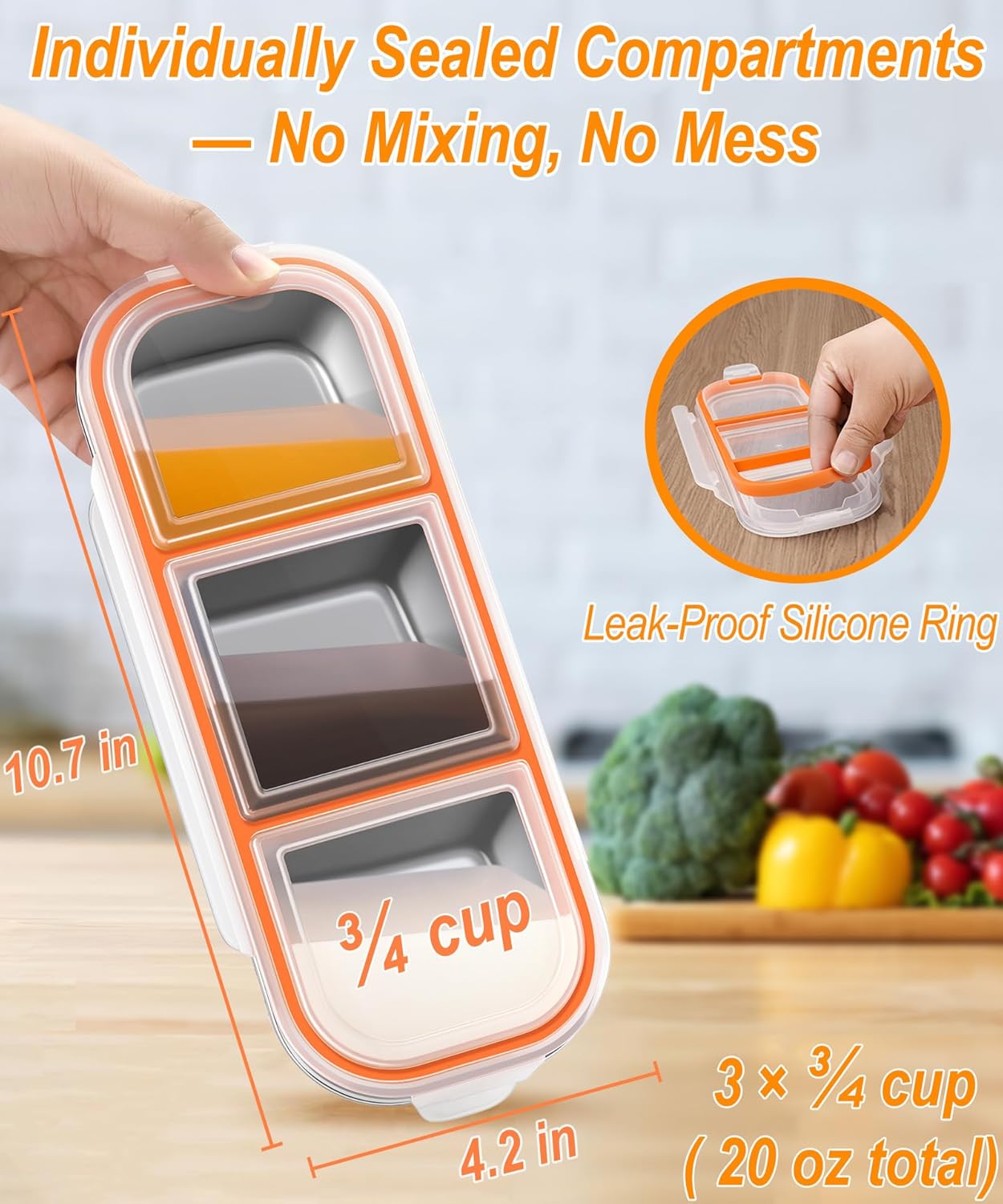 KTKUDY 3 Pack Stainless Steel Snack Containers for Kids & Adults - Leak-Proof 3-Compartment Stackable Snack Lunch Boxes for Daycare, School, Work & Travel - Image 5