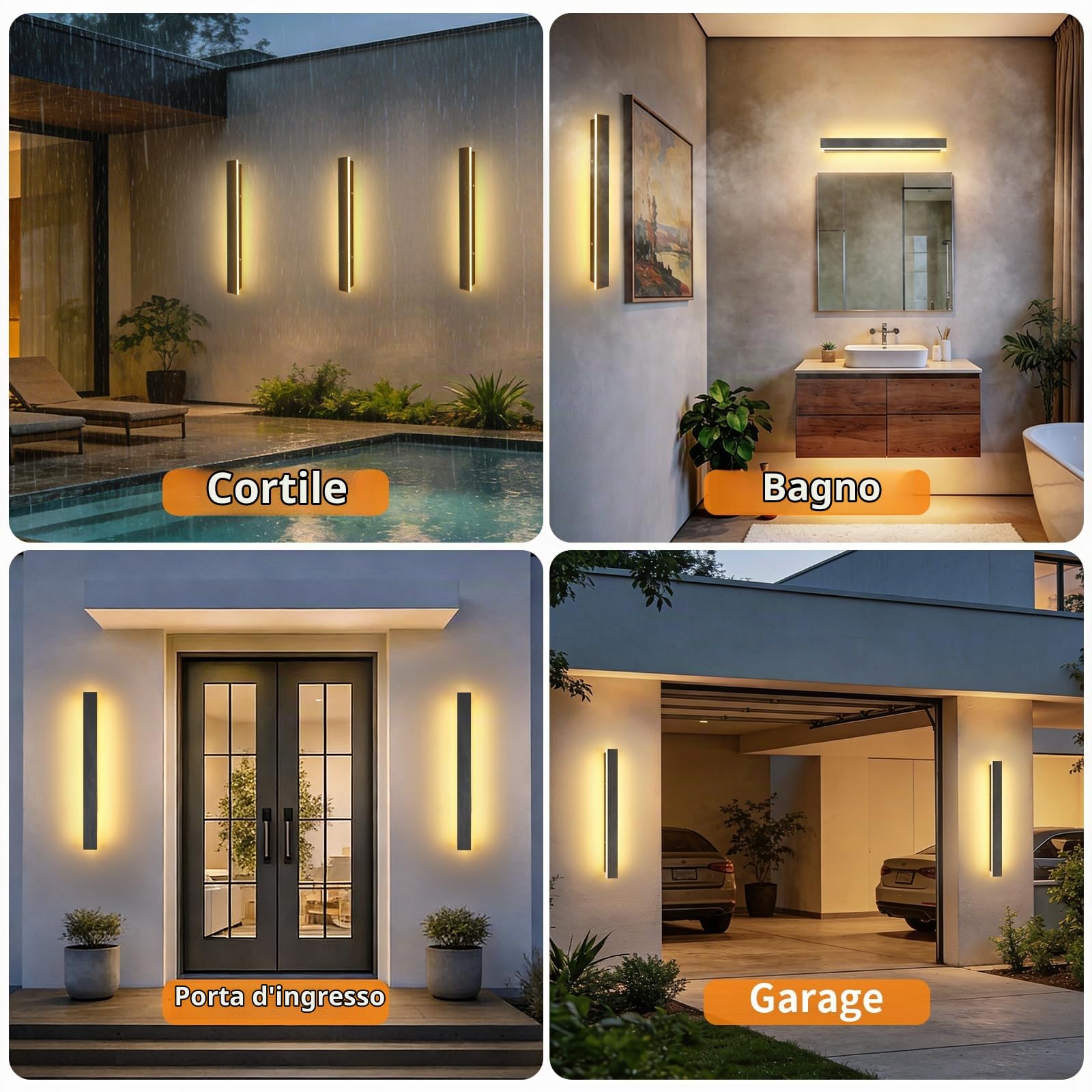 Ketom Applique da Esterno/Interno Moderno Nero, Impermeabile IP65 | Lampada da Parete Esterno LED, Metallo Lineare Lunga Barra LED, per Balcone Giardino Veranda Via, Bianco Caldo 30000K, 60cm