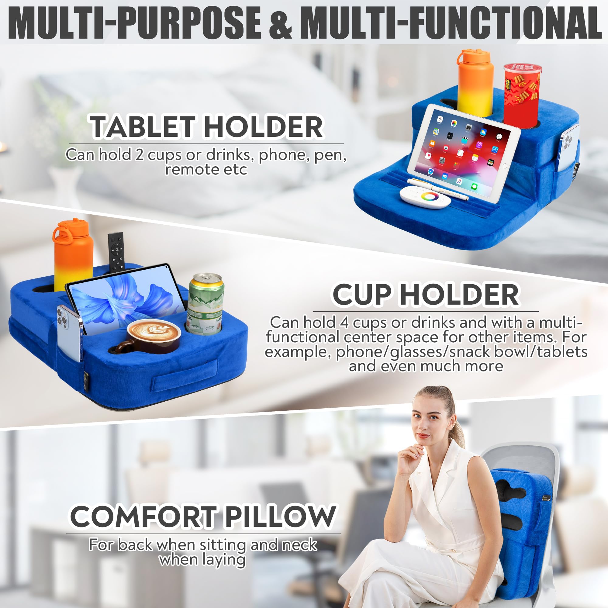 TabCouchCaddy - Couch Cup Holder Tray Pillow - Bed, Couch Caddy, Sofa, RV & Car - Holds Drinks, Snacks, Remotes, Phones, Kindle, Tablet | Bed Cup Holder (): Blue