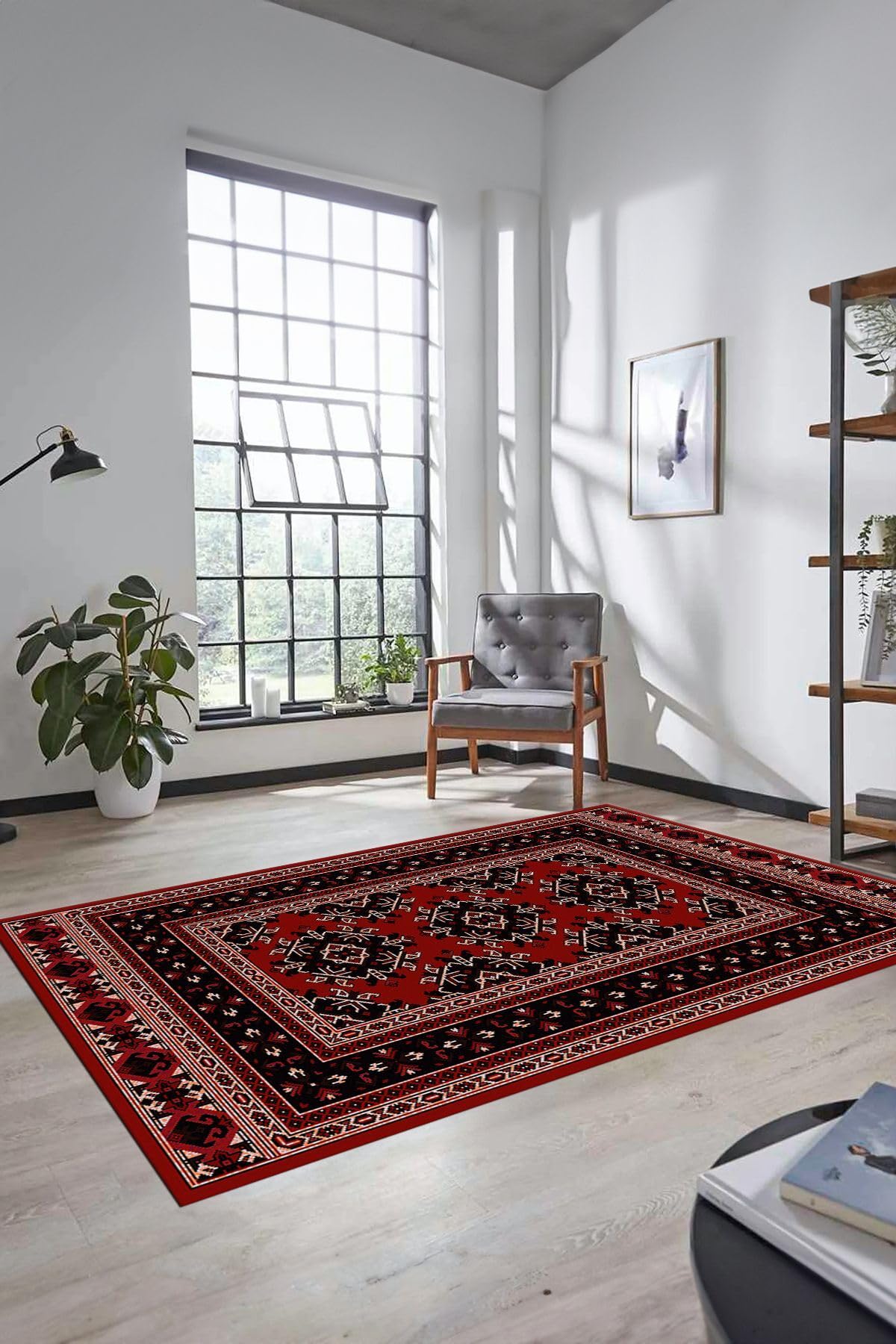 Evdeya Dijital Baskılı Kaymaz Taban Yıkanabilir Şık Etnik Desen Yolluk Mutfak Salon Halısı ETNİK-04, Kırmızı, 40 x 60