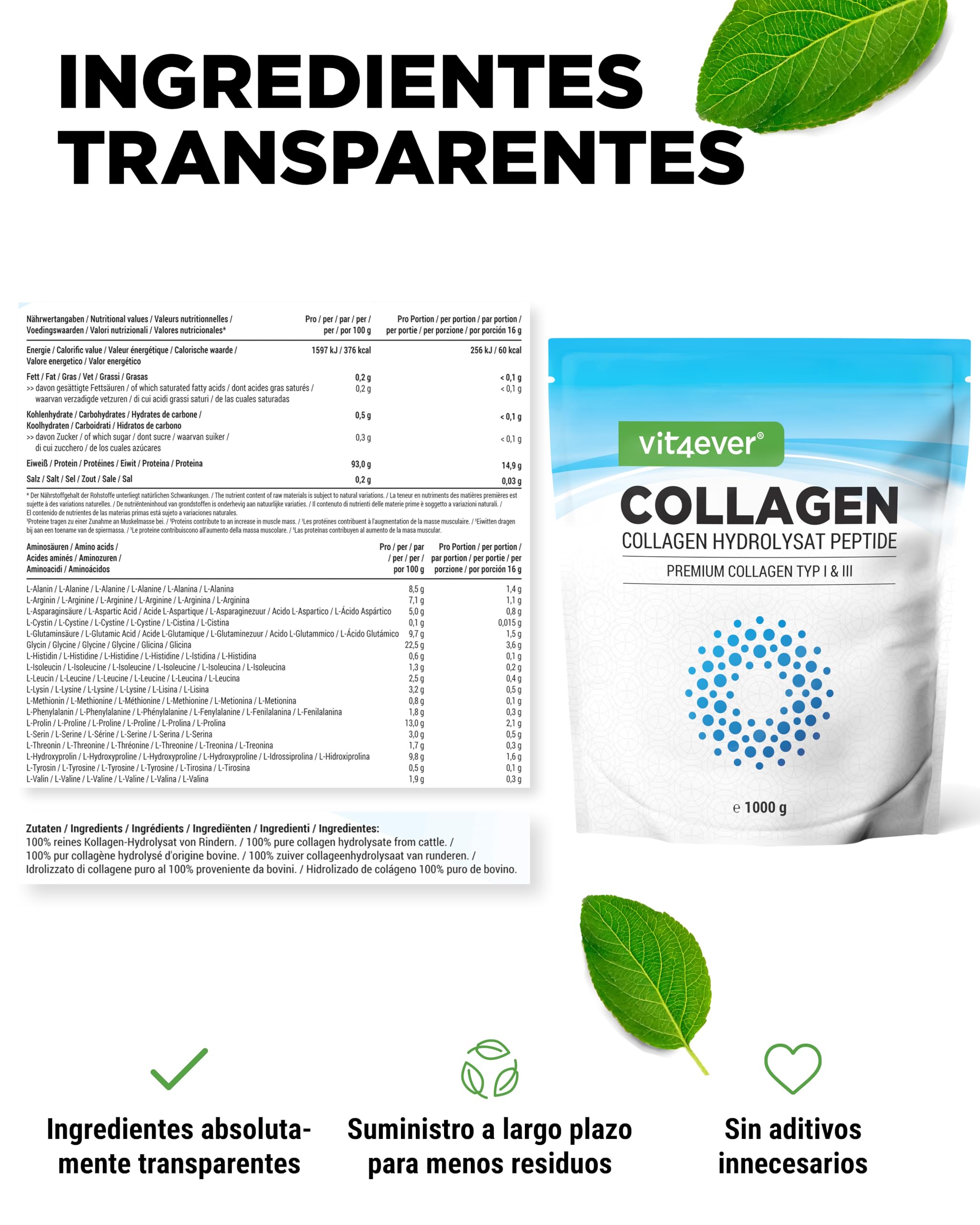Colágeno en Polvo 1000 g - 100% Péptidos hidrolizados de Colágeno Bioactivo - Tipo 1 y 3 - Sabor neutro - Sin aditivos
