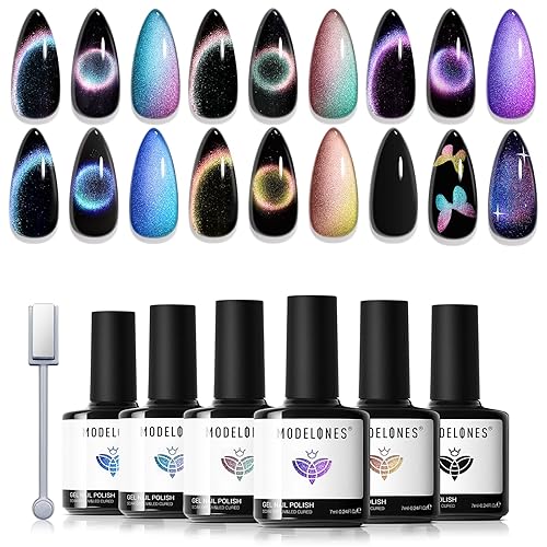 Modelones Cat Eye Gel Nail Polish Set, 6 Colors Holographic Colorful Rainbow Glitter Gel Polish Black Purple Blue Green Yellow Coral Pink Nail Polish with Magnet Fall Winter Soak Off LED Mani DIY Gift - A A A1b Holo Cat Eye