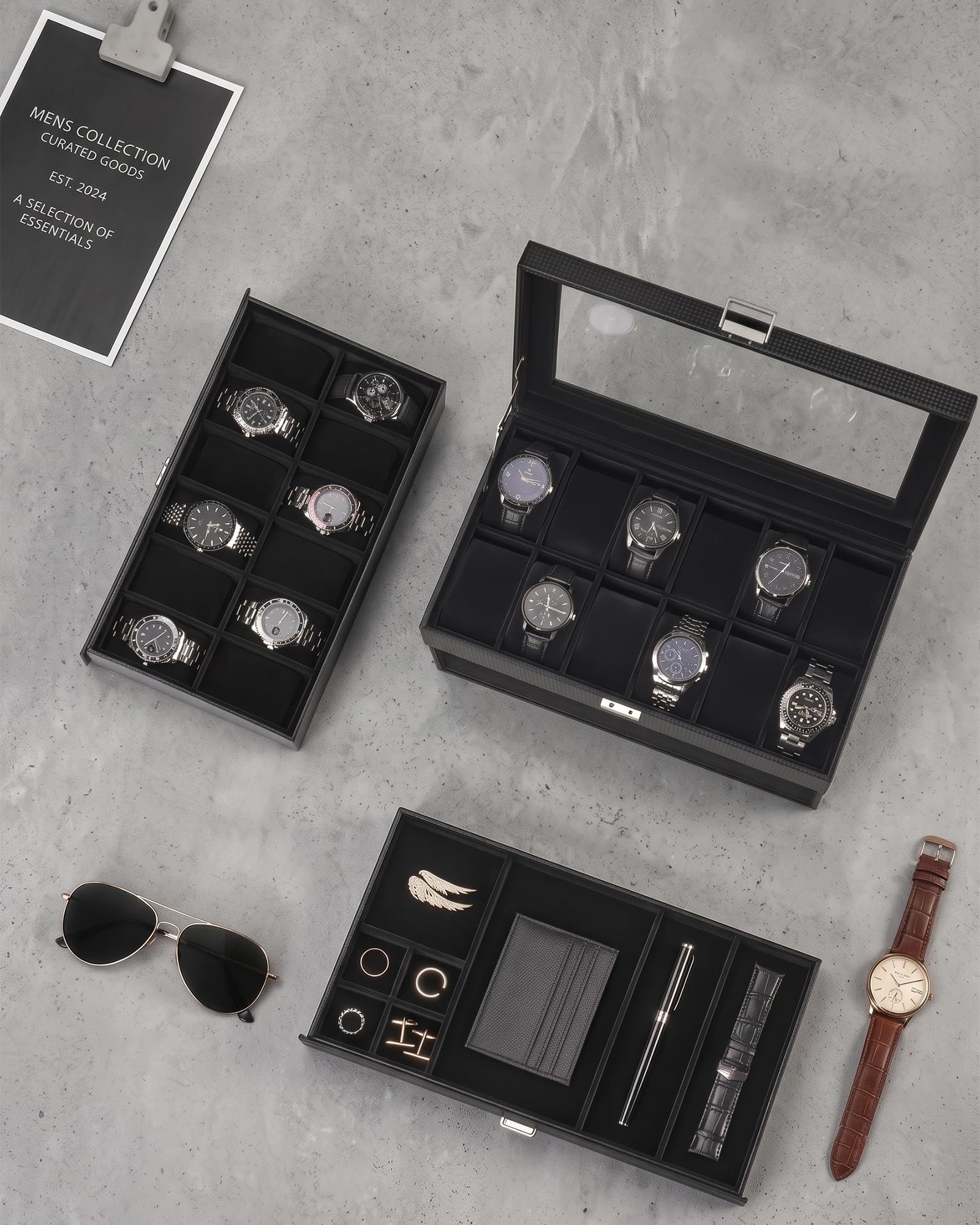 Lolalet Caja para Relojes con 24 Ranuras, 3 Niveles -Negro Puro