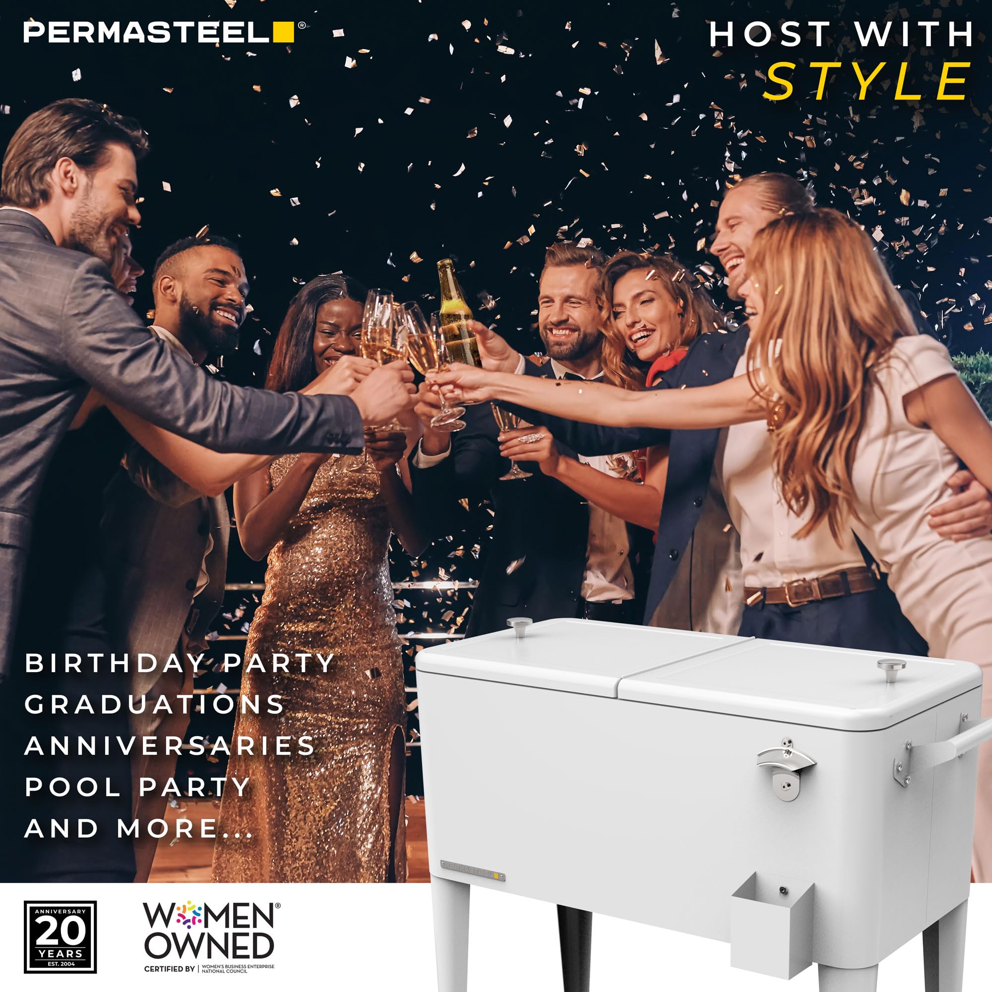 Condition photo showing New/Like New for permasteel party cooler with divider, spacious 80-qt capacity, chills 36hrs, serving tray, rolling ice chest for indoor and outdoor entertainment