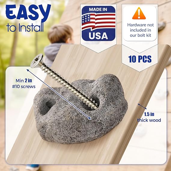 10 Large Screw On Rock Climbing Holds for Kids and Adults - Rock Wall Grips with Mounting Pattern - Indoor Outdoor Play Set, Garage Gym, Bouldering, Made in USA