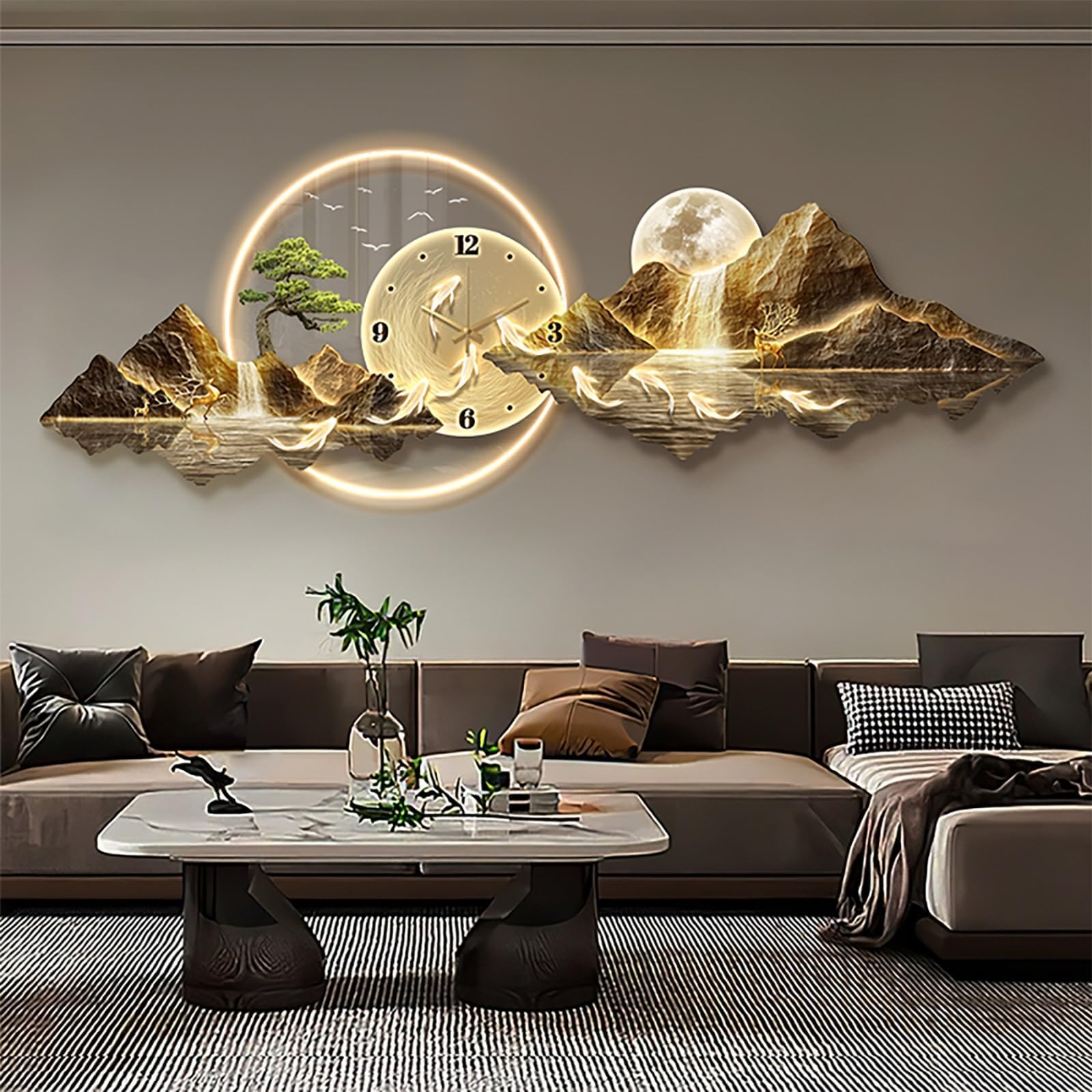 3D Wall Art Clock Decor with LED Light, Plug-in Power Illuminated Mountain Landscape Wall Decorative, Silent Non Ticking Clock, for Living Room, Bedroom(Brown1,100x35cm/39.3x13.8in)