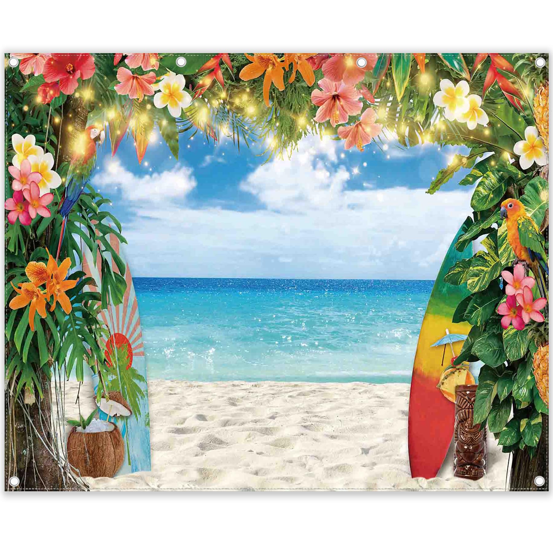 YCUCUEI 10x8ft Fabric Summer Hawaiian Beach Photography Backdrop Tropical Flower Palm Leaves Surfboard Background Aloha Luau Decorations Photo Banner