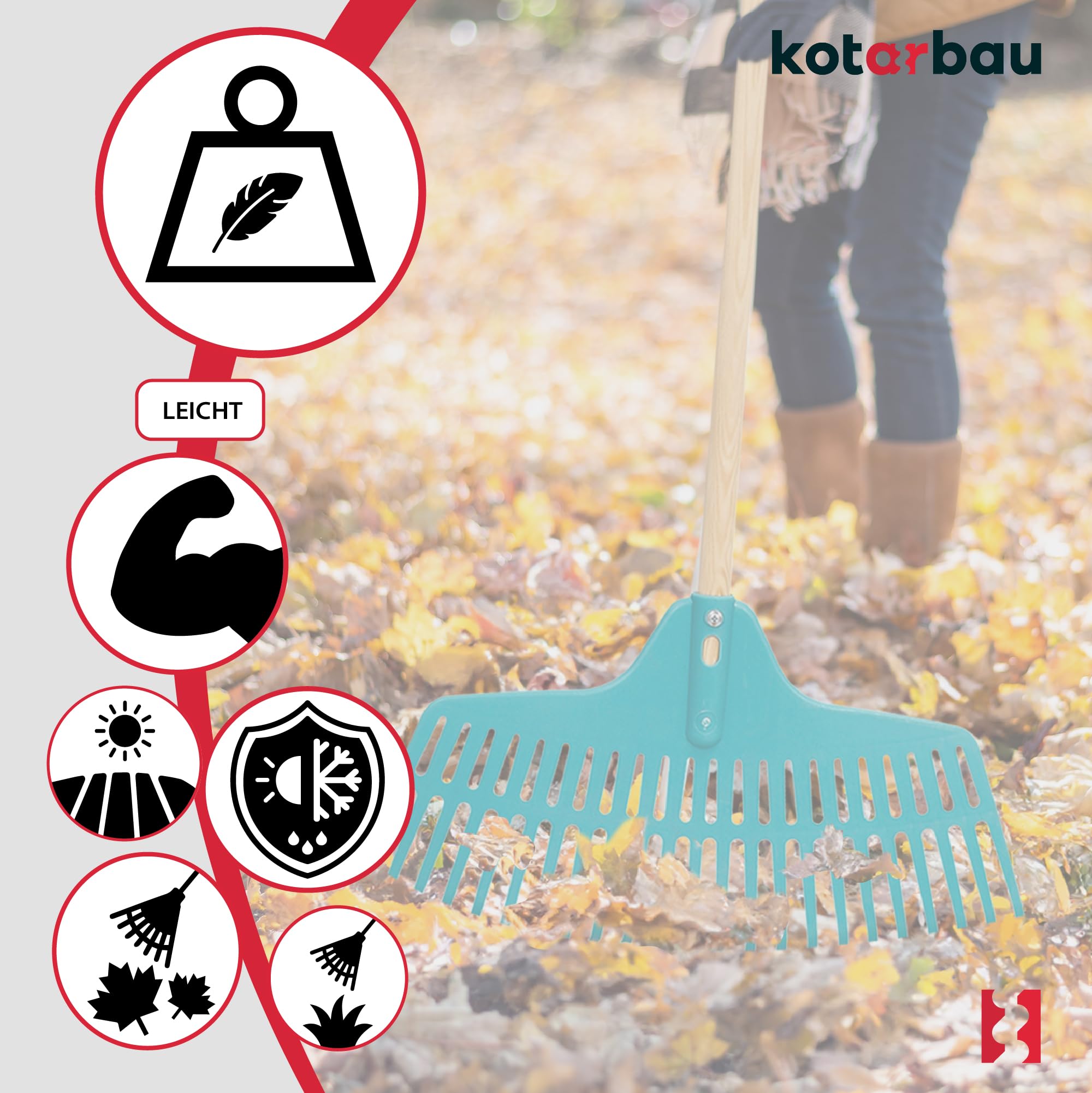KOTARBAU® Grabie do Liści - 46 cm - Grabie do Trawy - Plastikowe - Niebieskie - Drewniany Trzon