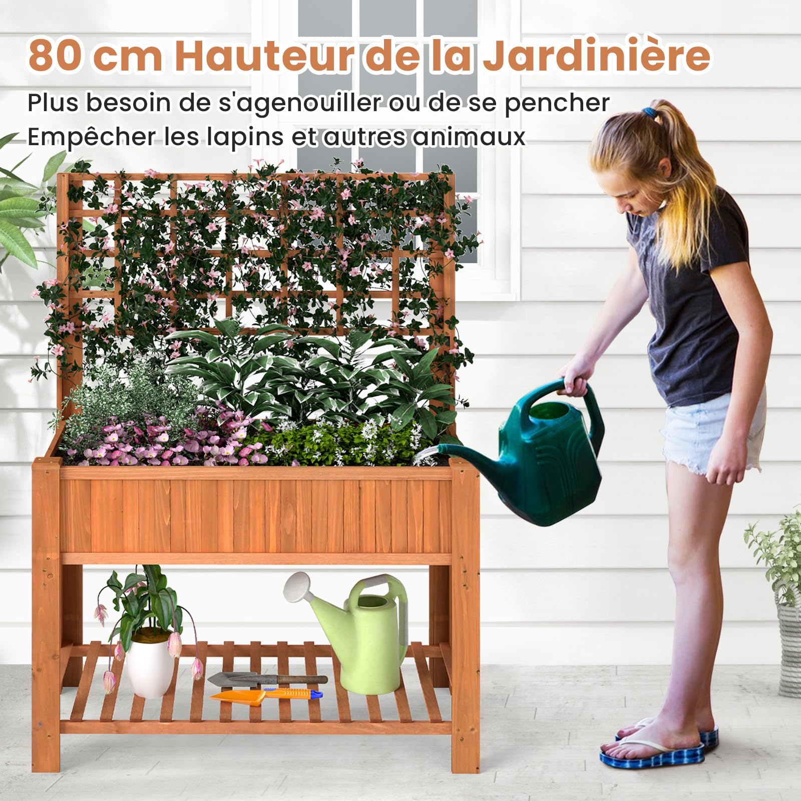 RELAX4LIFE Jardiniere sur Pieds avec Treillis, Jardiniere Treillis en Bois, Carre Potager sur Pied, Étagère Inférieure pour Outils, Trou de Drainage, Fond Amovible, pour FleursLégume Herbe (Marron)