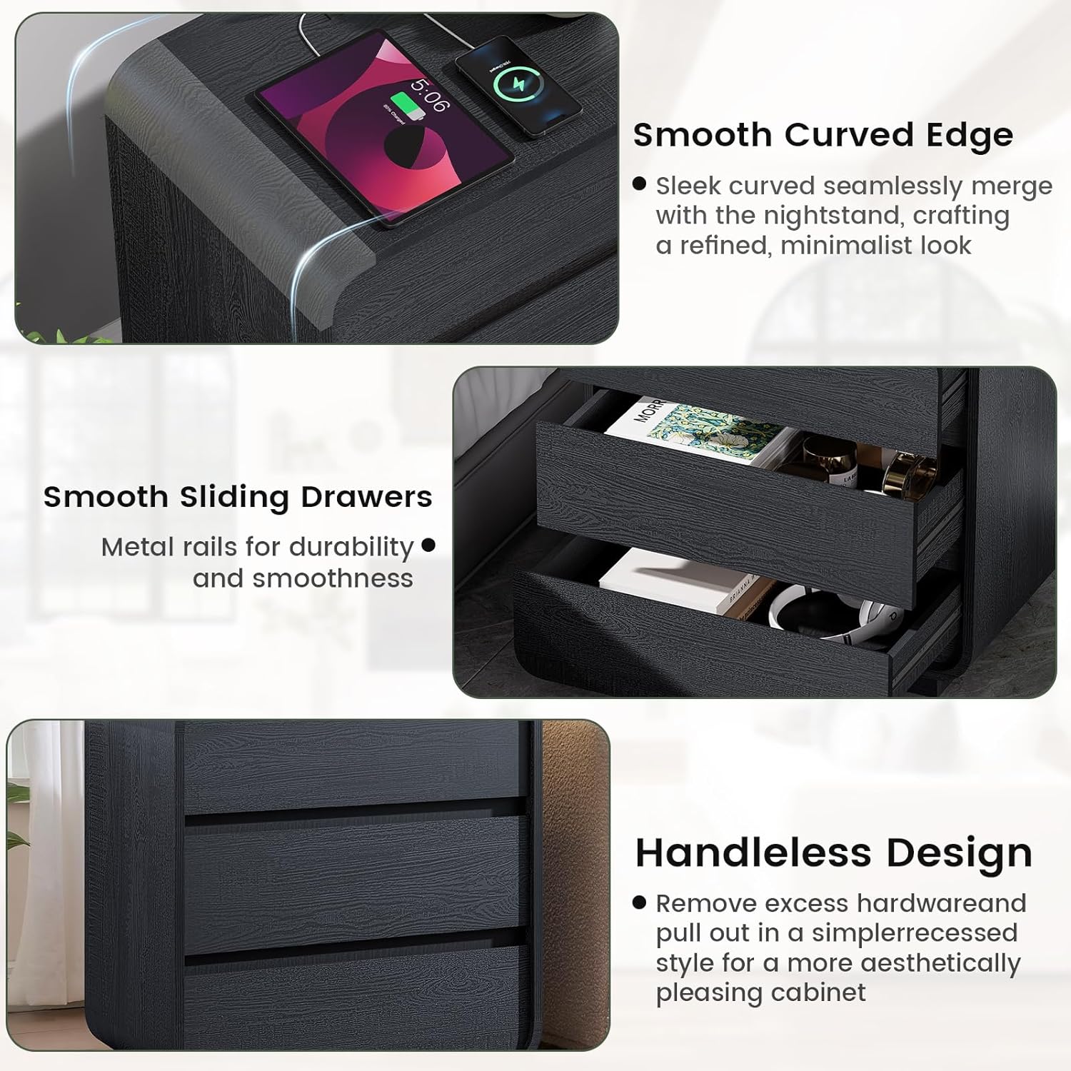 Modern Black Nightstand with Charging Station, 25" Tall Wood Bedside Table, End Table with 3 Storage Drawers, Curved Profile Night Stand for Bedroom, Dorm, Sofa, Office