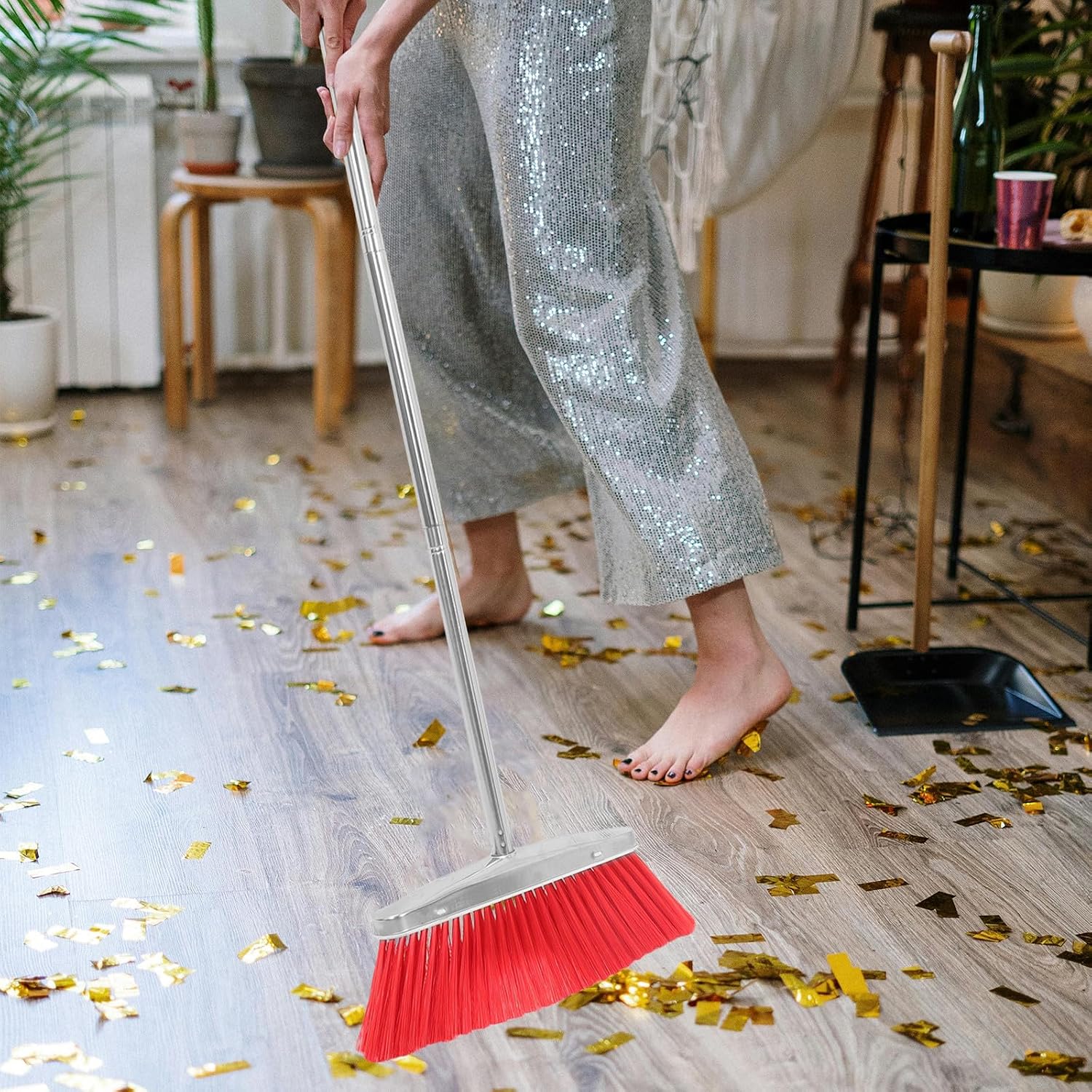 Heavy Duty Stainless Steel Handle Angle Broom Large Red Floor Sweeping Broom for Home Kitchen Office Indoor Outdoor Cleaning