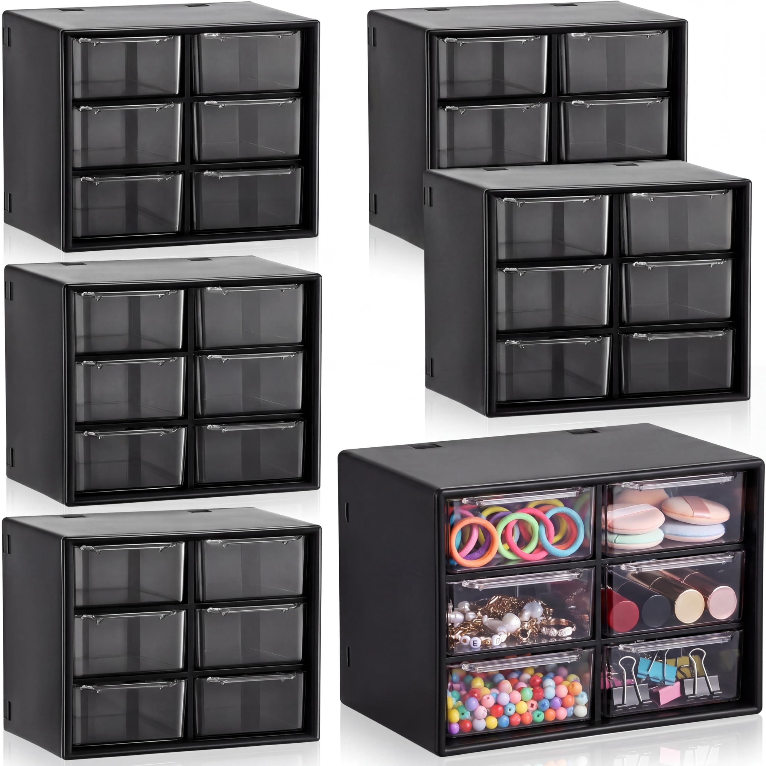 Mini organiseur de bureau noir Patelai avec 6 petits tiroirs en plastique